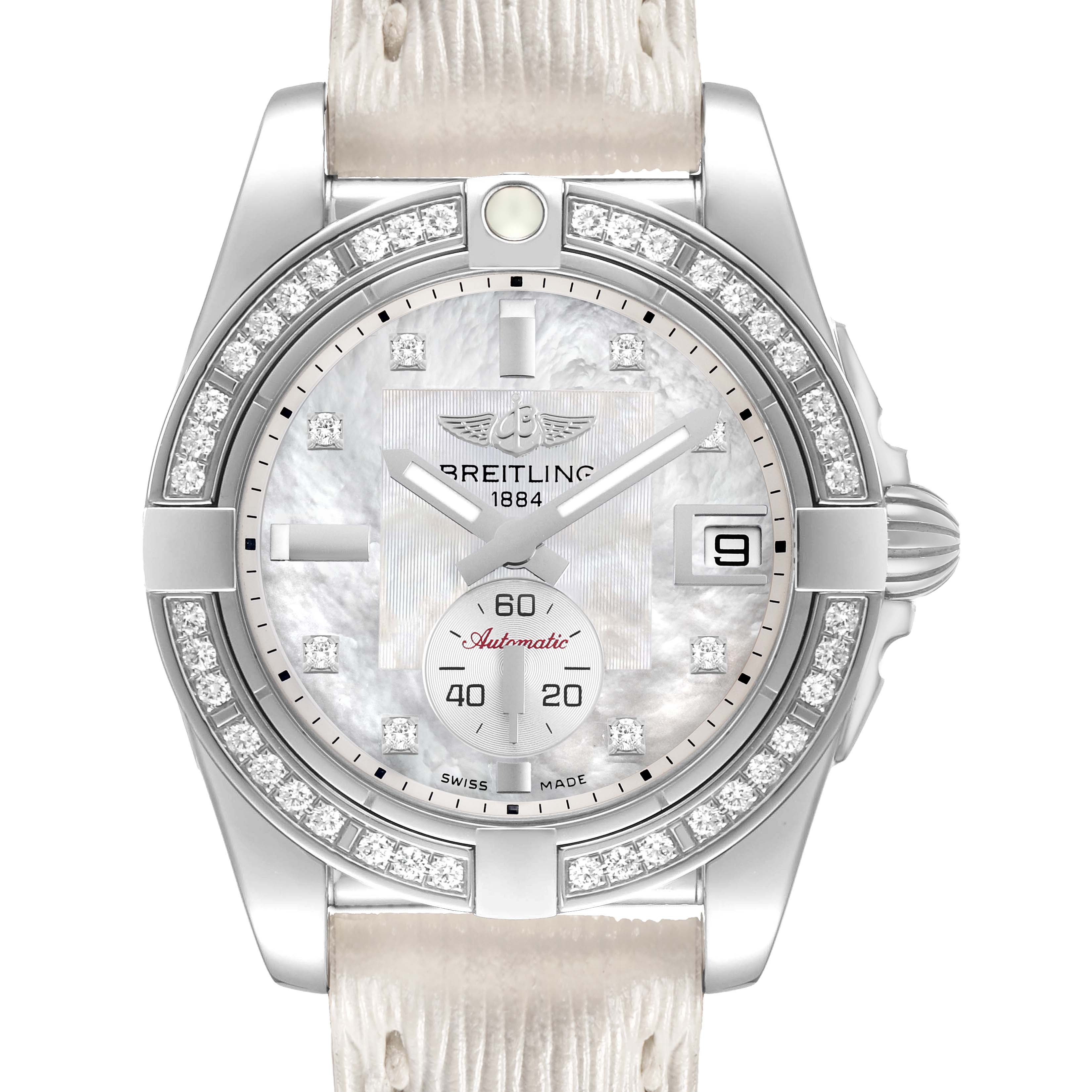 The Breitling Galactic A37330 Men's Stainless Steel Mother of Pearl Dial watch is shown from a front angle, highlighting the dial, bezel, and leather strap.