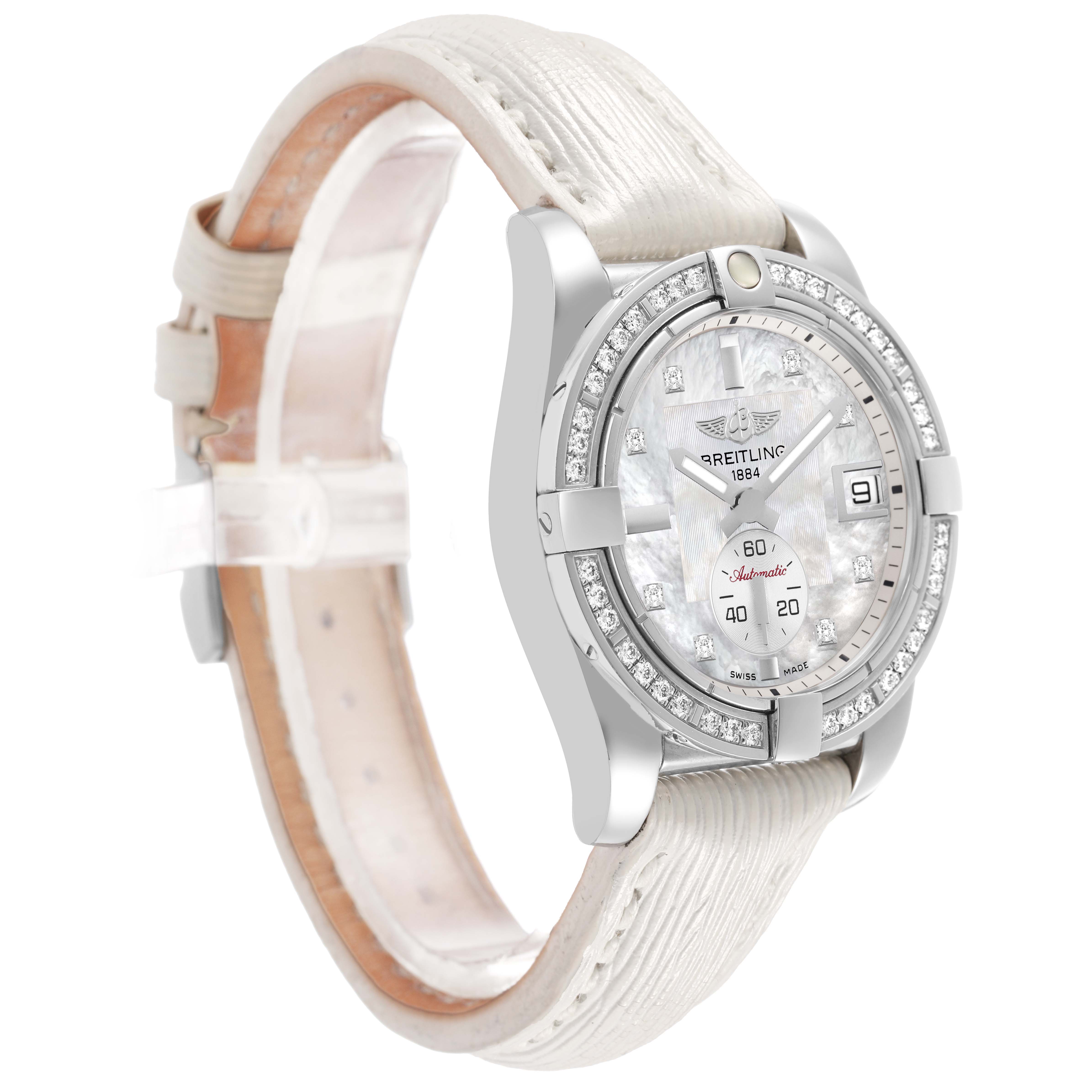 The Breitling Galactic A37330 Men's Stainless Steel Mother of Pearl Dial watch is shown at a slight angle, displaying the face, bezel, crown, and part of the strap.