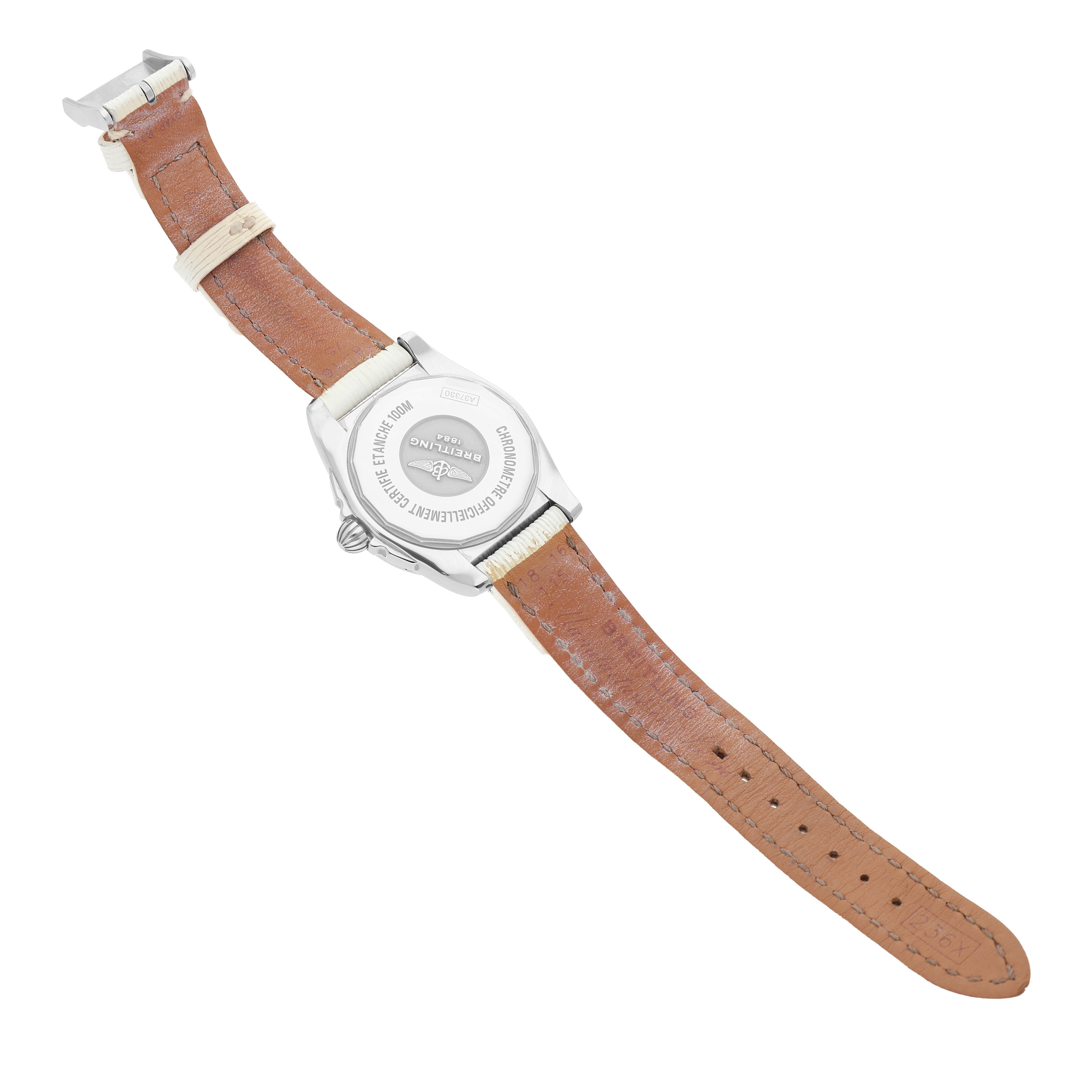 The image shows the back view of a Breitling Galactic A37330 Men's Stainless Steel Mother of Pearl Dial watch, highlighting its case back and brown leather strap.