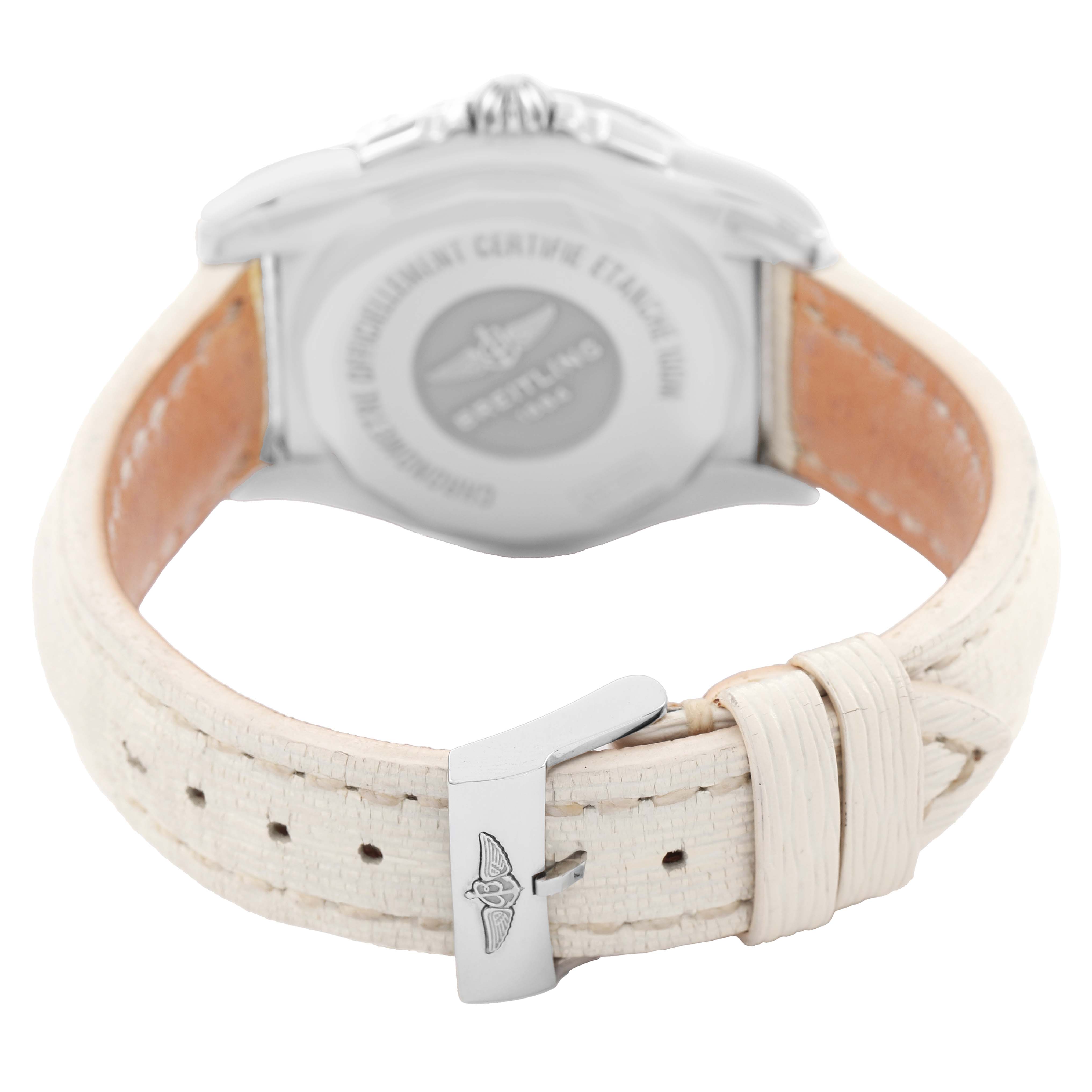 The image shows the back and side profile of a Breitling Galactic A37330 Men's Stainless Steel Mother of Pearl Dial model, highlighting the case back and clasp of the strap.