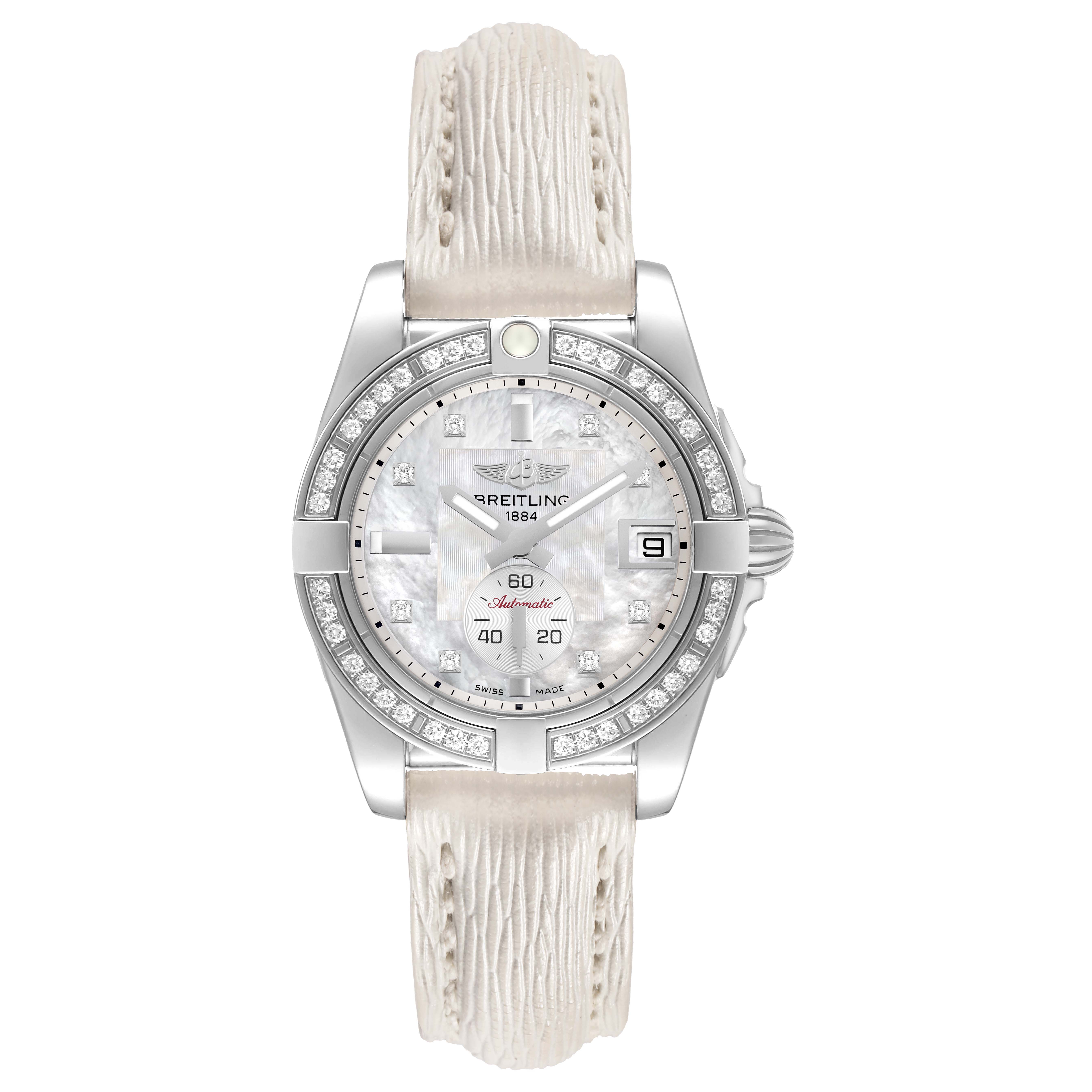 The Breitling Galactic A37330 Men's Stainless Steel Mother of Pearl Dial watch is shown from a front angle, displaying the dial, bezel with diamonds, and leather strap.