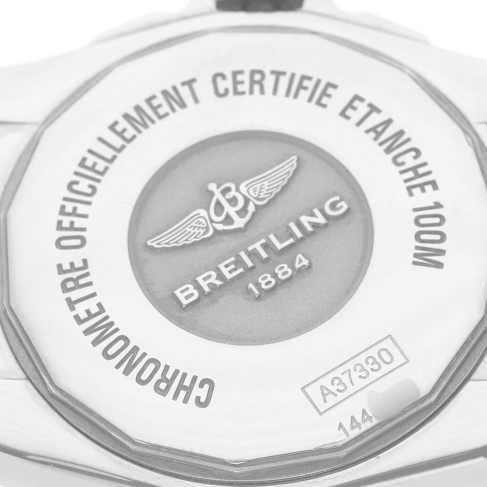 The image shows the case back of the Breitling Galactic A37330 Men's Stainless Steel Mother of Pearl Dial watch, highlighting the brand's logo and model details.