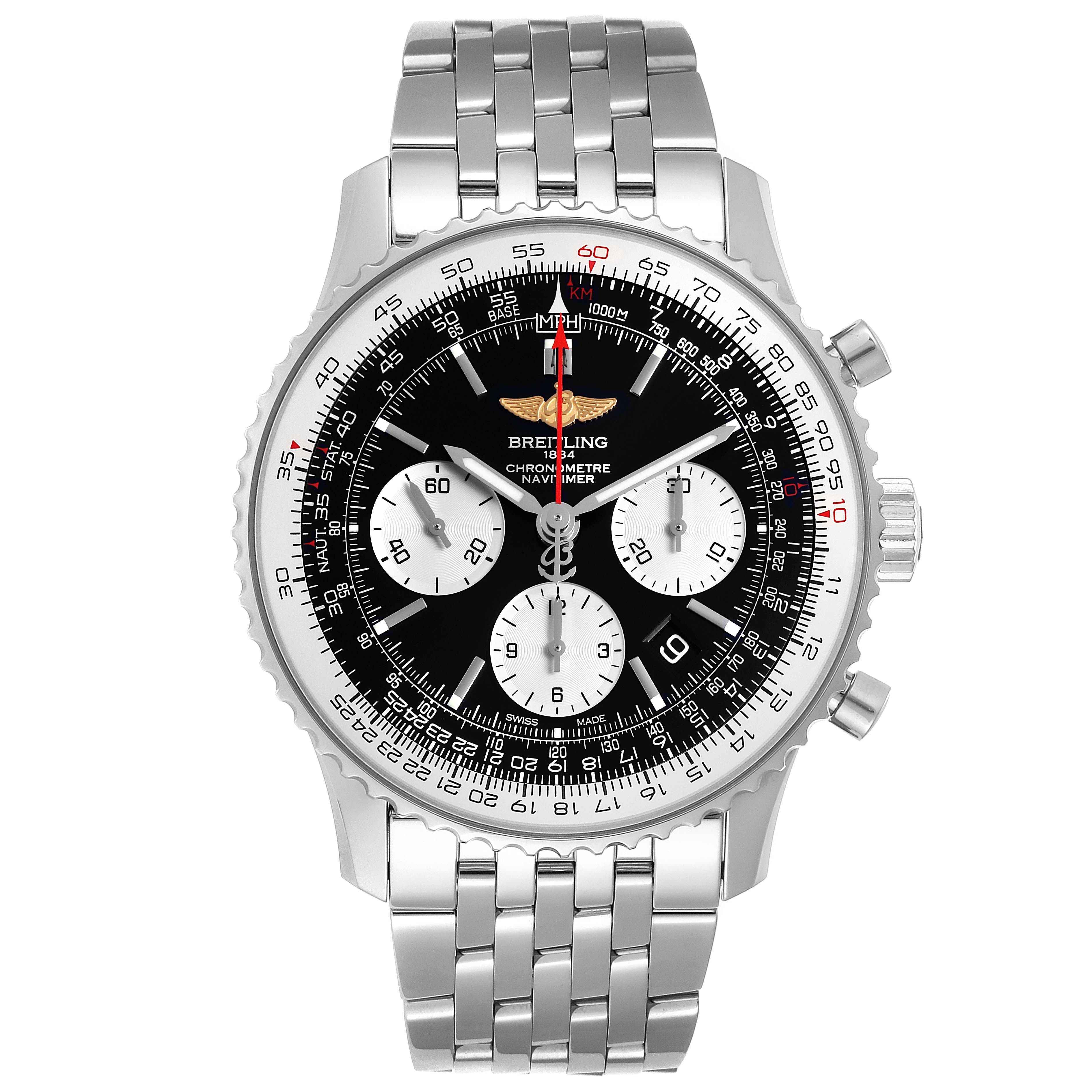 This image shows a front view of a Breitling Navitimer AB012721-BD09-453A Men
s Stainless Steel Black Dial AB012721-BD09-453A Men
s Stainless Steel Black Dial watch including its bezel, dial, chronograph sub-dials, and stainless steel bracelet.