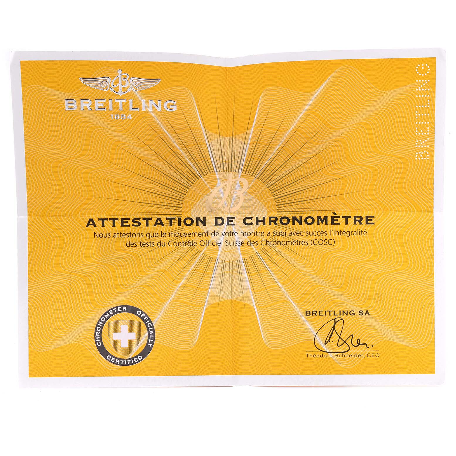 This image shows the chronometer certificate for a Navitimer model by Breitling, displaying official certification details.