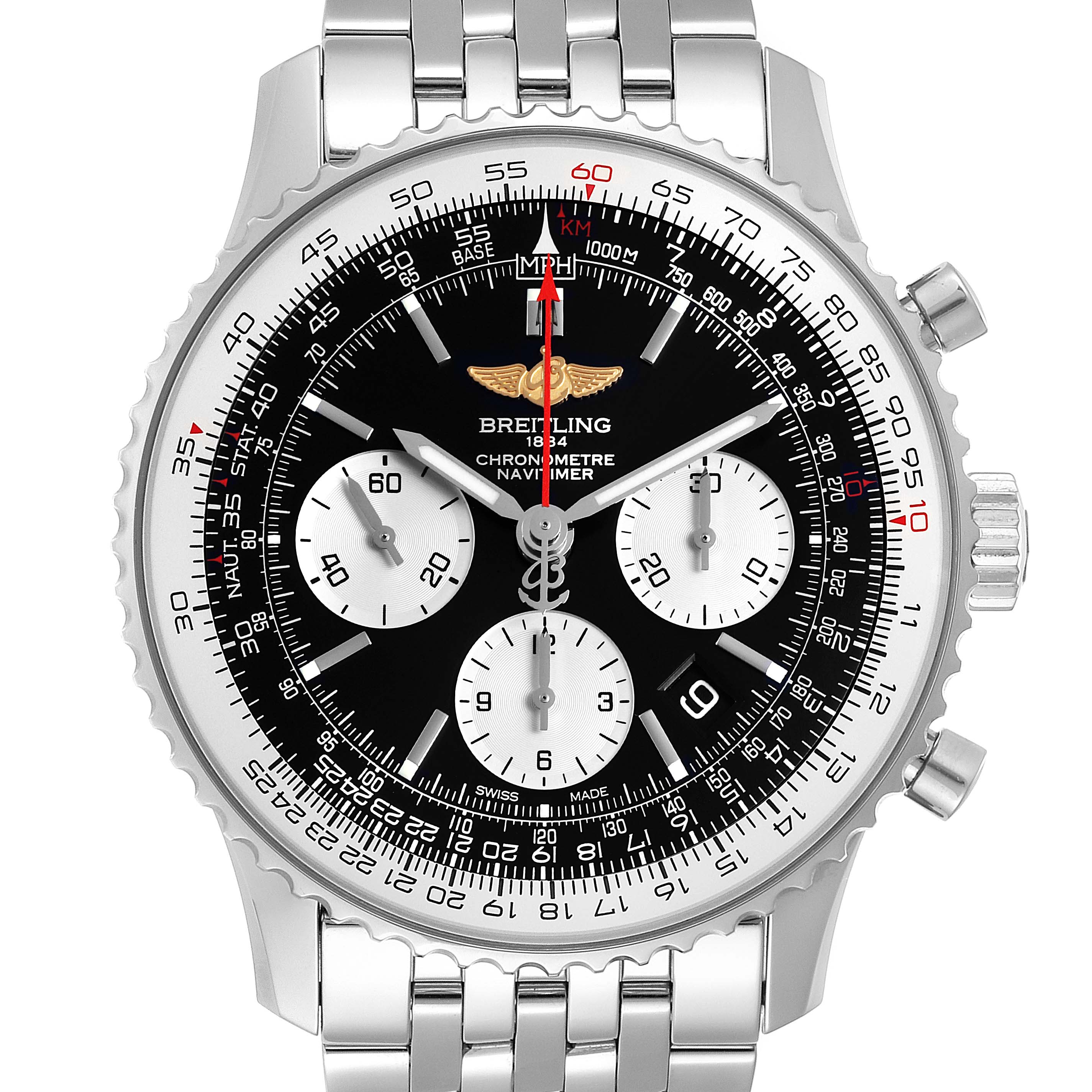 This Breitling Navitimer AB012721-BD09-453A Men
s Stainless Steel Black Dial AB012721-BD09-453A Men
s Stainless Steel Black Dial watch is shown from a front angle, highlighting its dial, subdials, bezel, and stainless steel bracelet.