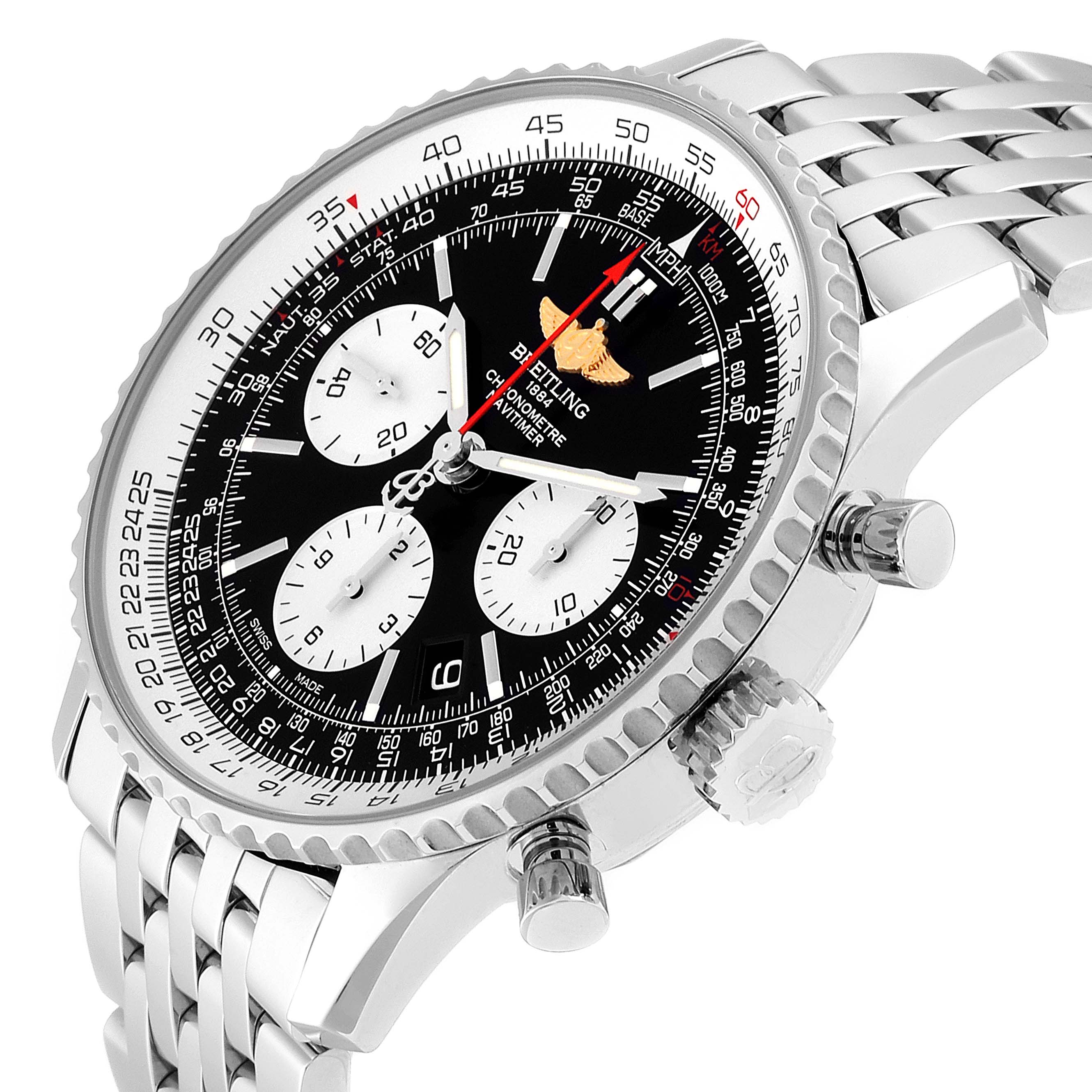 The Breitling Navitimer AB012721-BD09-453A Men
s Stainless Steel Black Dial AB012721-BD09-453A Men
s Stainless Steel Black Dial watch is angled to show the face, side buttons, crown, and part of the bracelet.