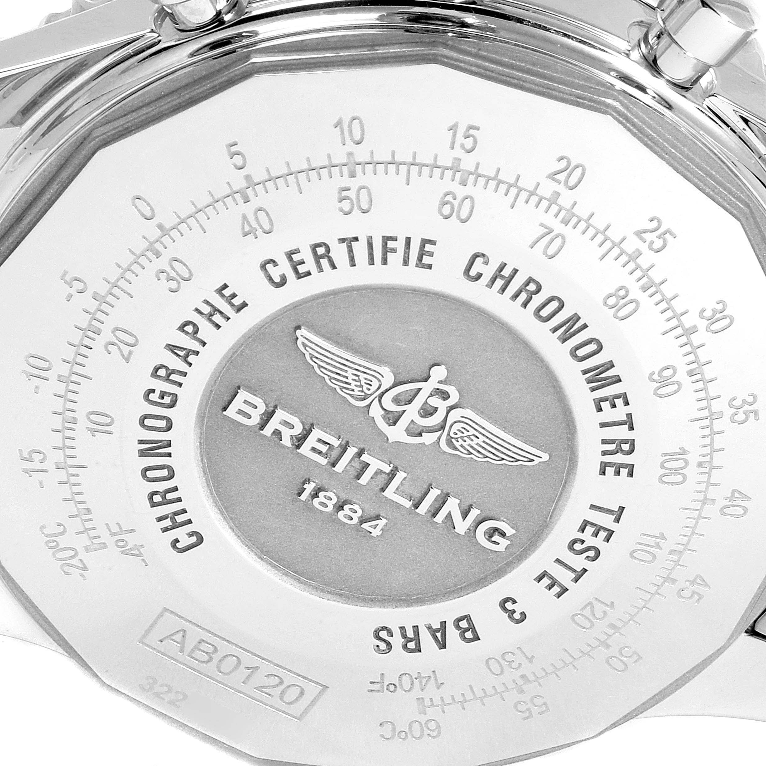 The image shows the back view of a Breitling Navitimer AB012721-BD09-453A Men
s Stainless Steel Black Dial AB012721-BD09-453A Men
s Stainless Steel Black Dial watch, displaying its branding, chronometer certification, and other engravings.
