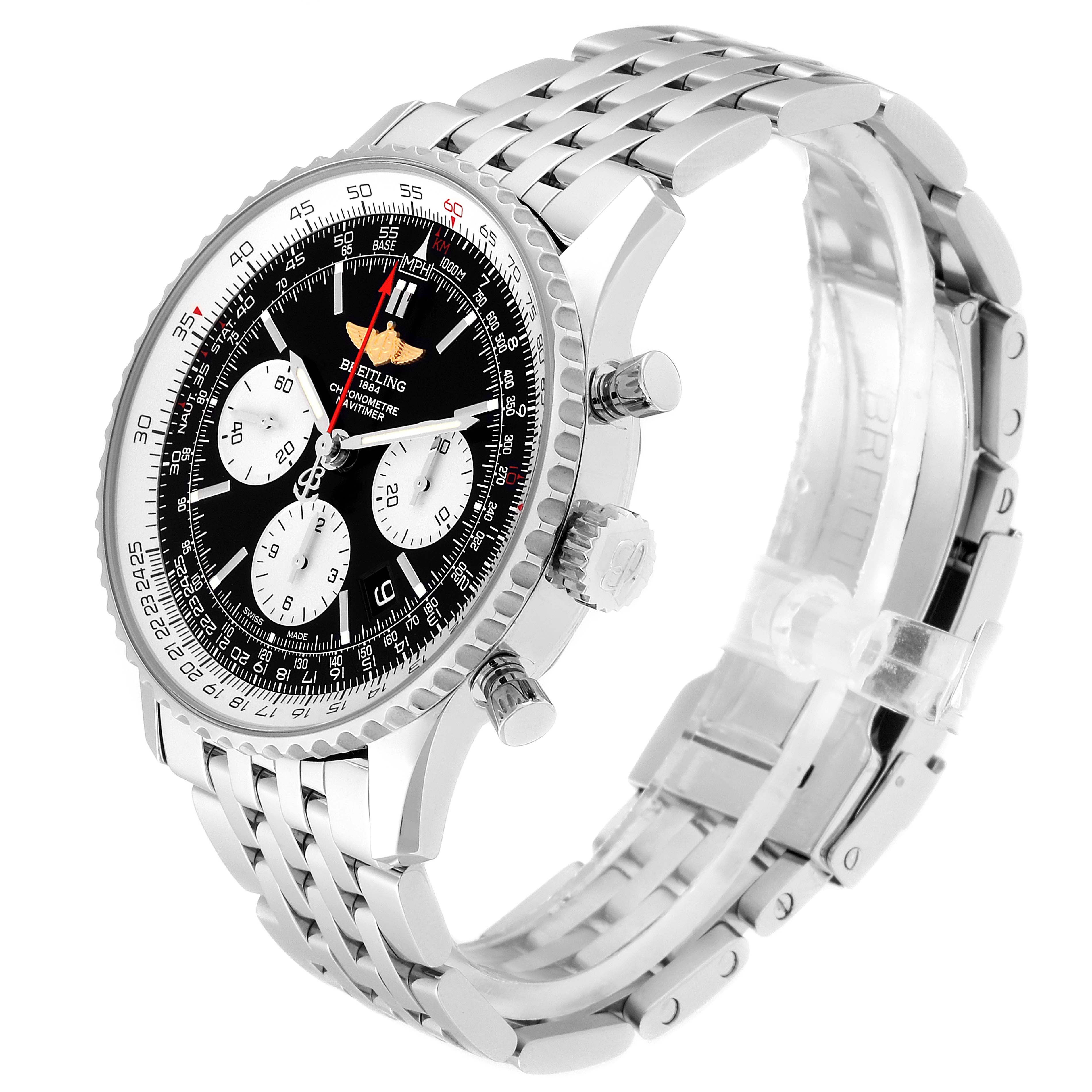The image displays a Breitling Navitimer AB012721-BD09-453A Men
s Stainless Steel Black Dial AB012721-BD09-453A Men
s Stainless Steel Black Dial watch from an angled side view, showcasing the face, crown, pushers, and stainless steel bracelet.