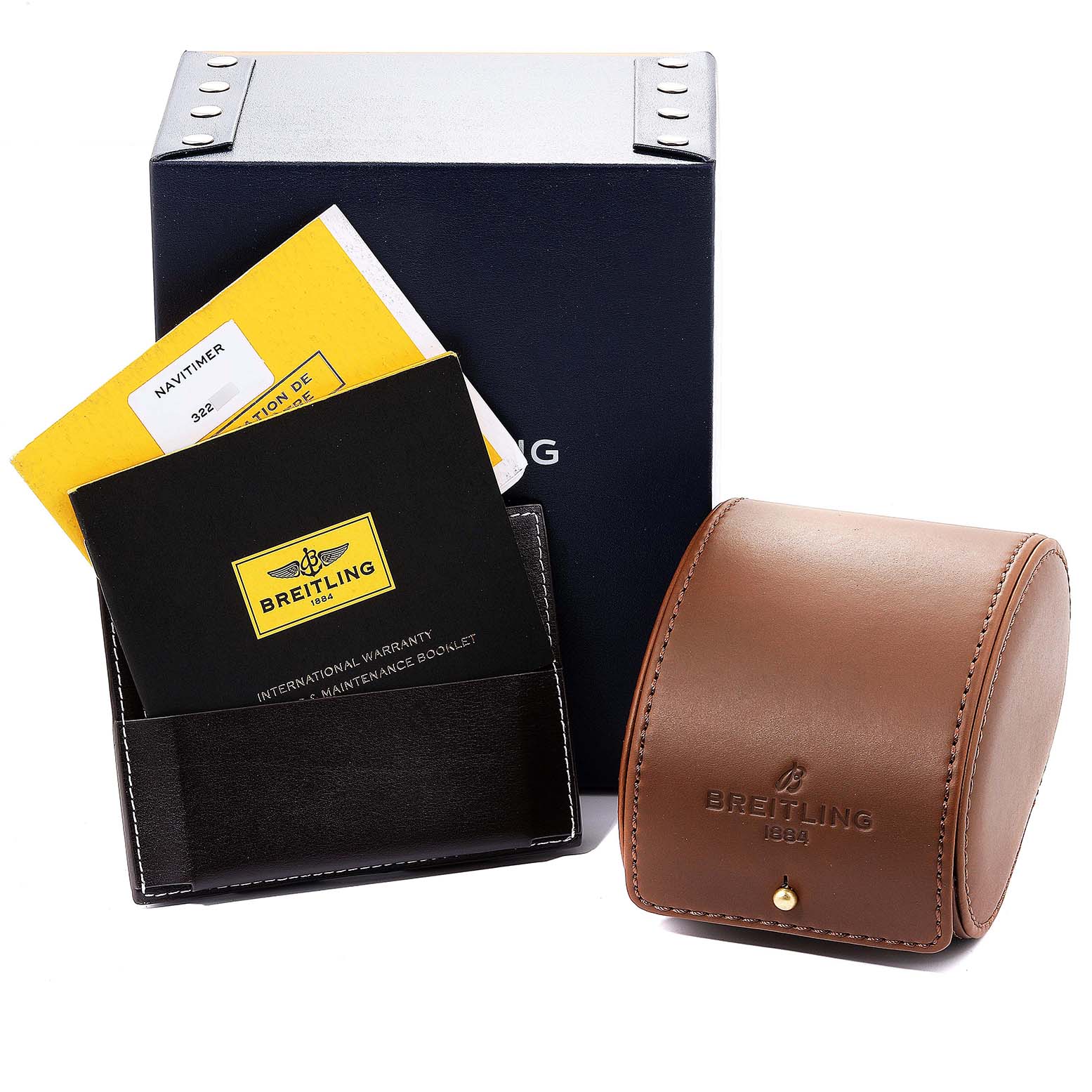 The image shows a Breitling Navitimer AB012721-BD09-453A Men
s Stainless Steel Black Dial AB012721-BD09-453A Men
s Stainless Steel Black Dial box, warranty cards, booklet, and a brown leather watch case.