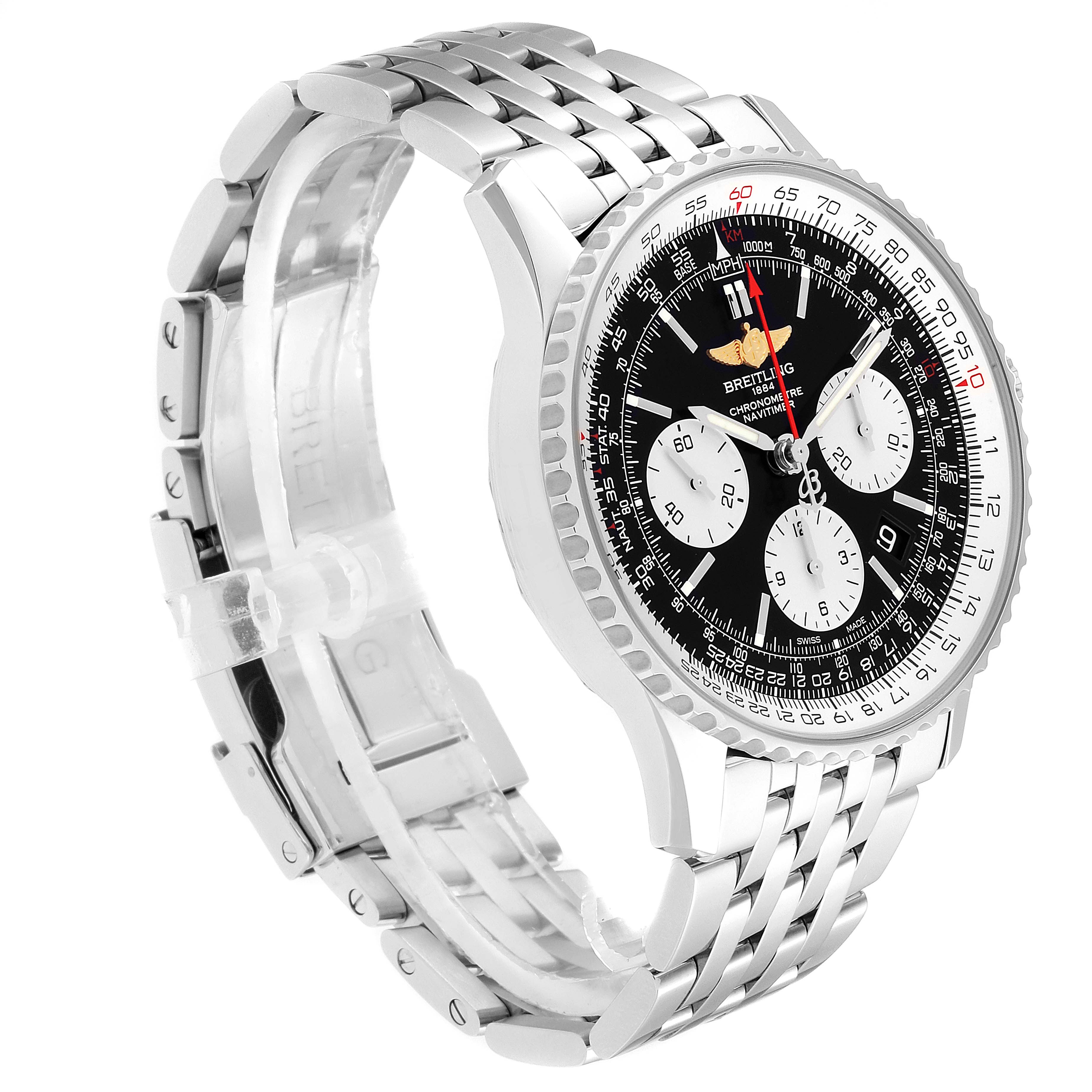 This image shows a side angle of the Breitling Navitimer AB012721-BD09-453A Men
s Stainless Steel Black Dial AB012721-BD09-453A Men
s Stainless Steel Black Dial watch, highlighting its bezel, dial, and metal bracelet.