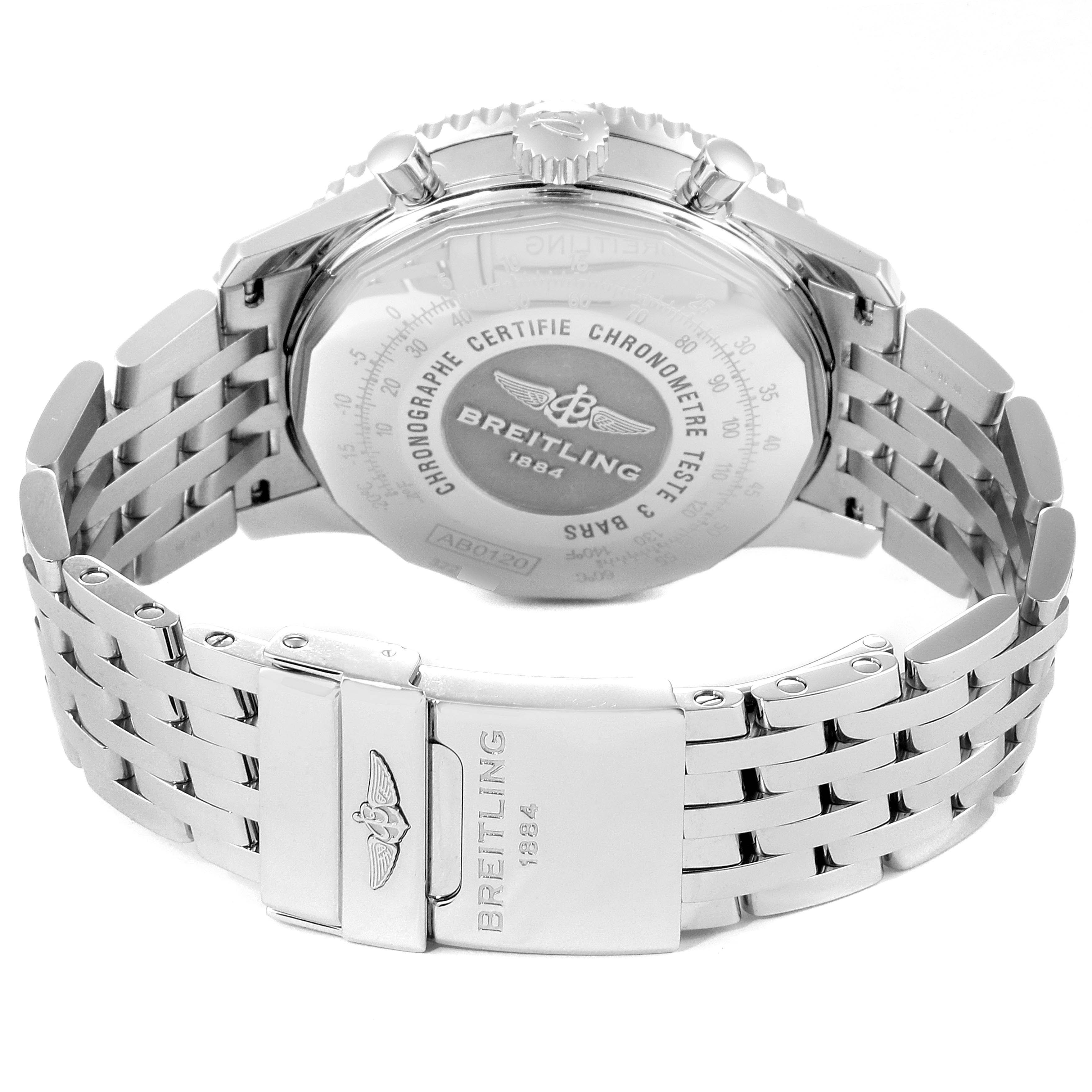 The image shows the back of the Breitling Navitimer AB012721-BD09-453A Men
s Stainless Steel Black Dial AB012721-BD09-453A Men
s Stainless Steel Black Dial watch with its stainless steel case, clasp, and bracelet.