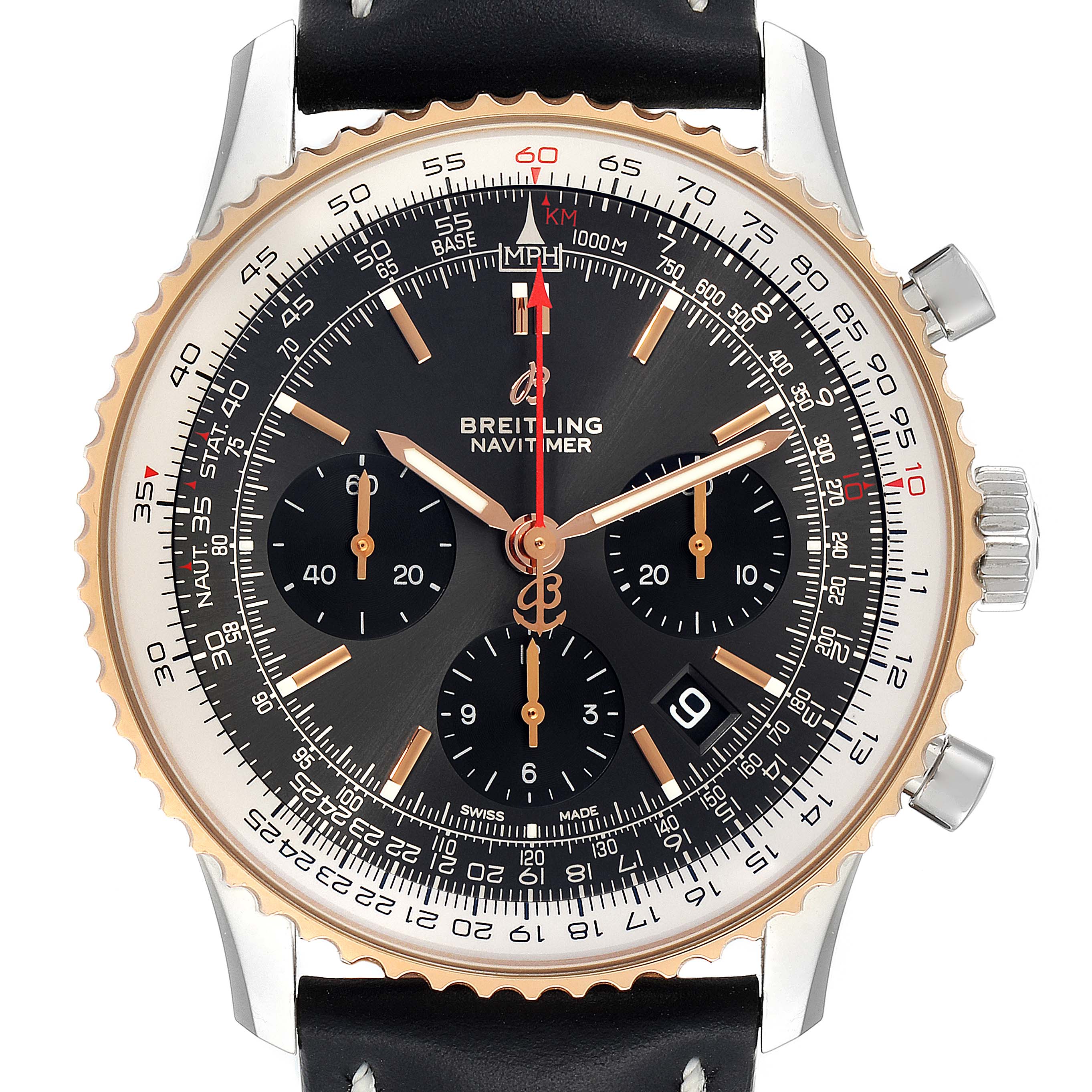 The image shows a front view of a Breitling Navitimer UB012121-F582-743P Men's Steel and Gold (two tone) Grey Dial UB012121-F582-743P Men's Steel and Gold (two tone) Grey Dial watch, displaying the face, bezel, and crown.