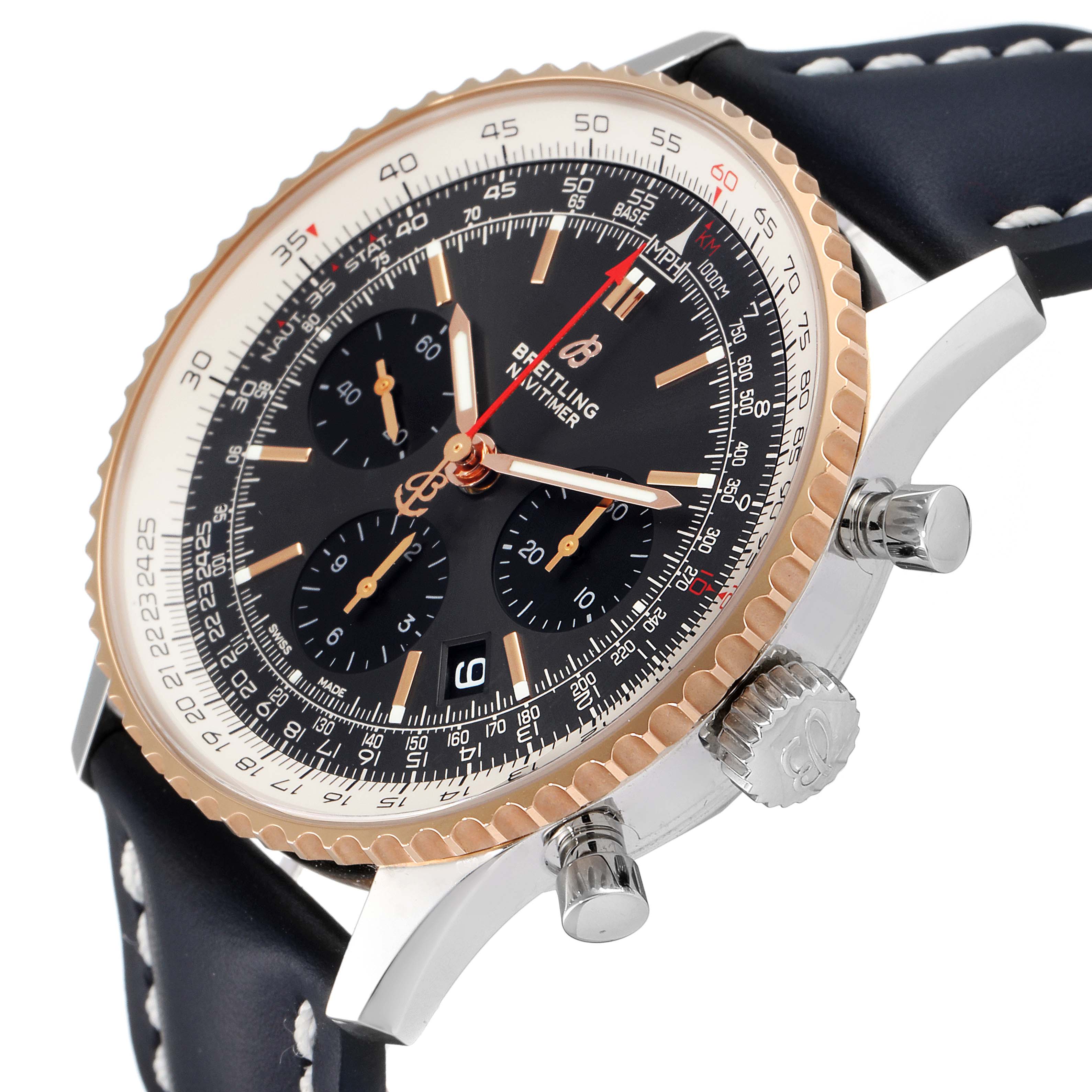 The image shows a Breitling Navitimer UB012121-F582-743P Men's Steel and Gold (two tone) Grey Dial UB012121-F582-743P Men's Steel and Gold (two tone) Grey Dial watch at an angle highlighting the dial, bezel, crown, and pushers.