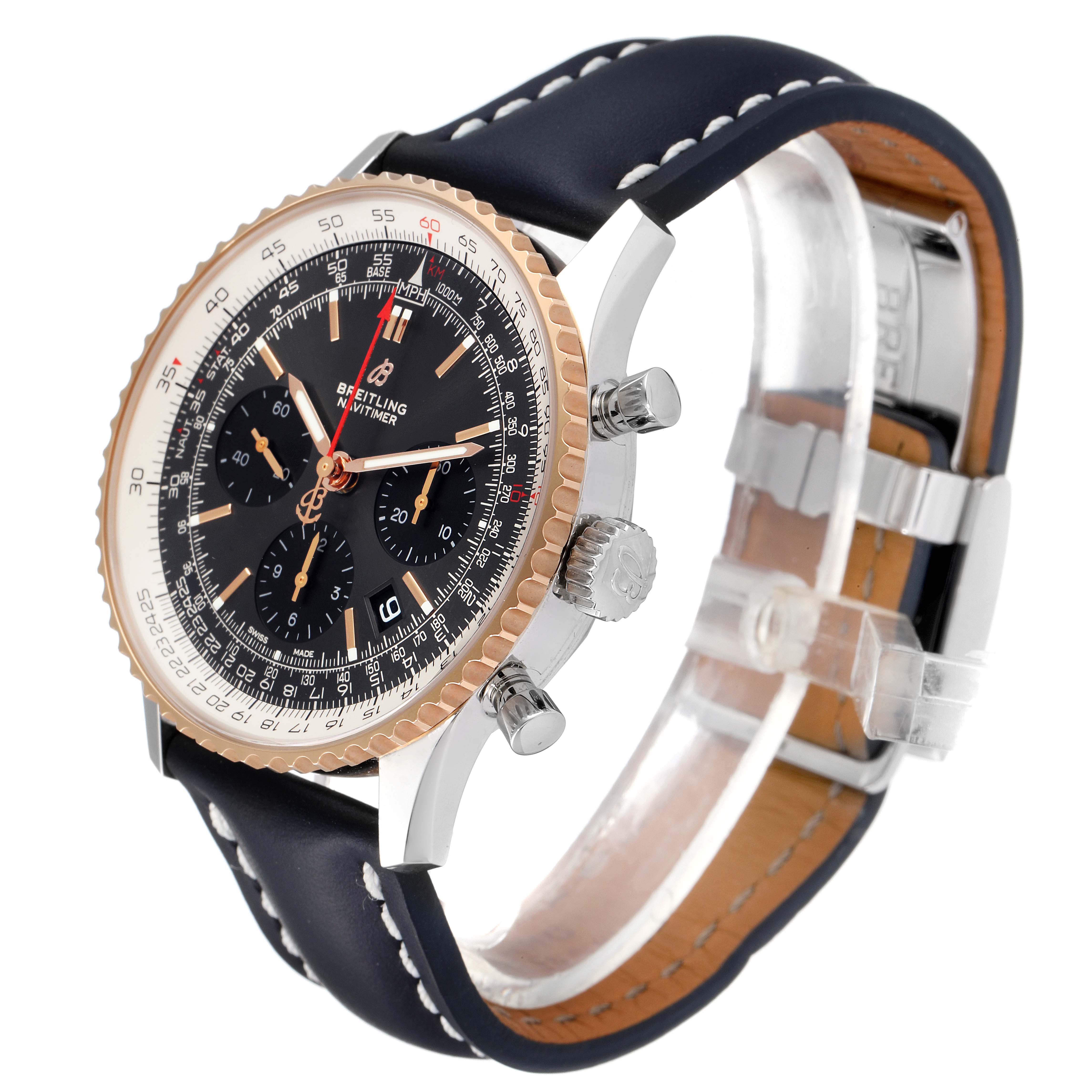 This image shows a side and front angle of the Breitling Navitimer UB012121-F582-743P Men's Steel and Gold (two tone) Grey Dial UB012121-F582-743P Men's Steel and Gold (two tone) Grey Dial, highlighting the dial, bezel, crown, pushers, and strap.