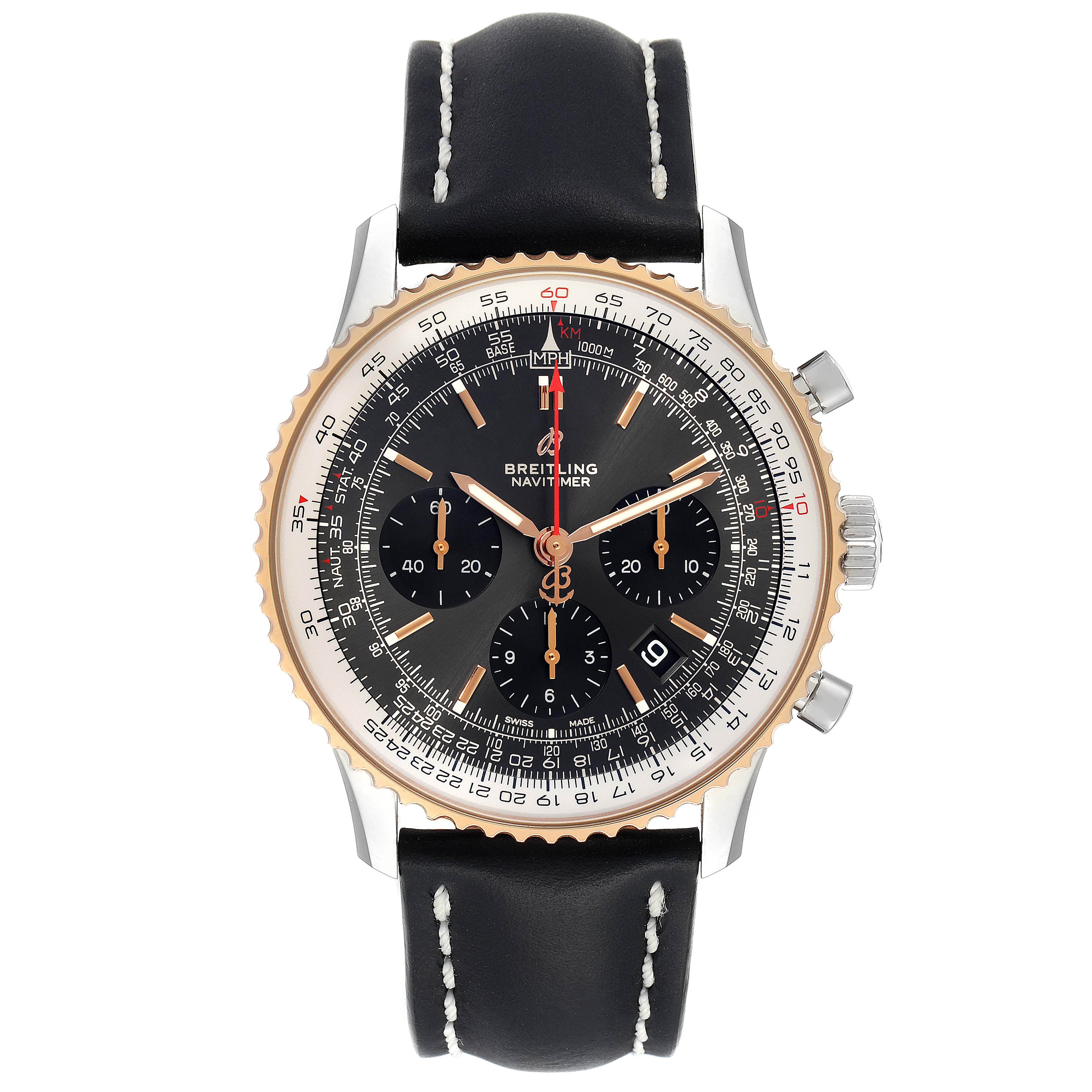This image shows a frontal view of a Breitling Navitimer UB012121-F582-743P Men's Steel and Gold (two tone) Grey Dial UB012121-F582-743P Men's Steel and Gold (two tone) Grey Dial watch with a black leather strap and gold bezel.