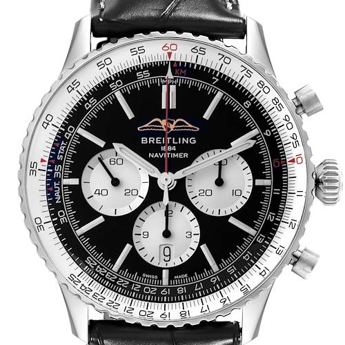 The image shows a front view of a Breitling Navitimer watch, featuring its dial, chronograph sub-dials, and bezel with a leather strap.