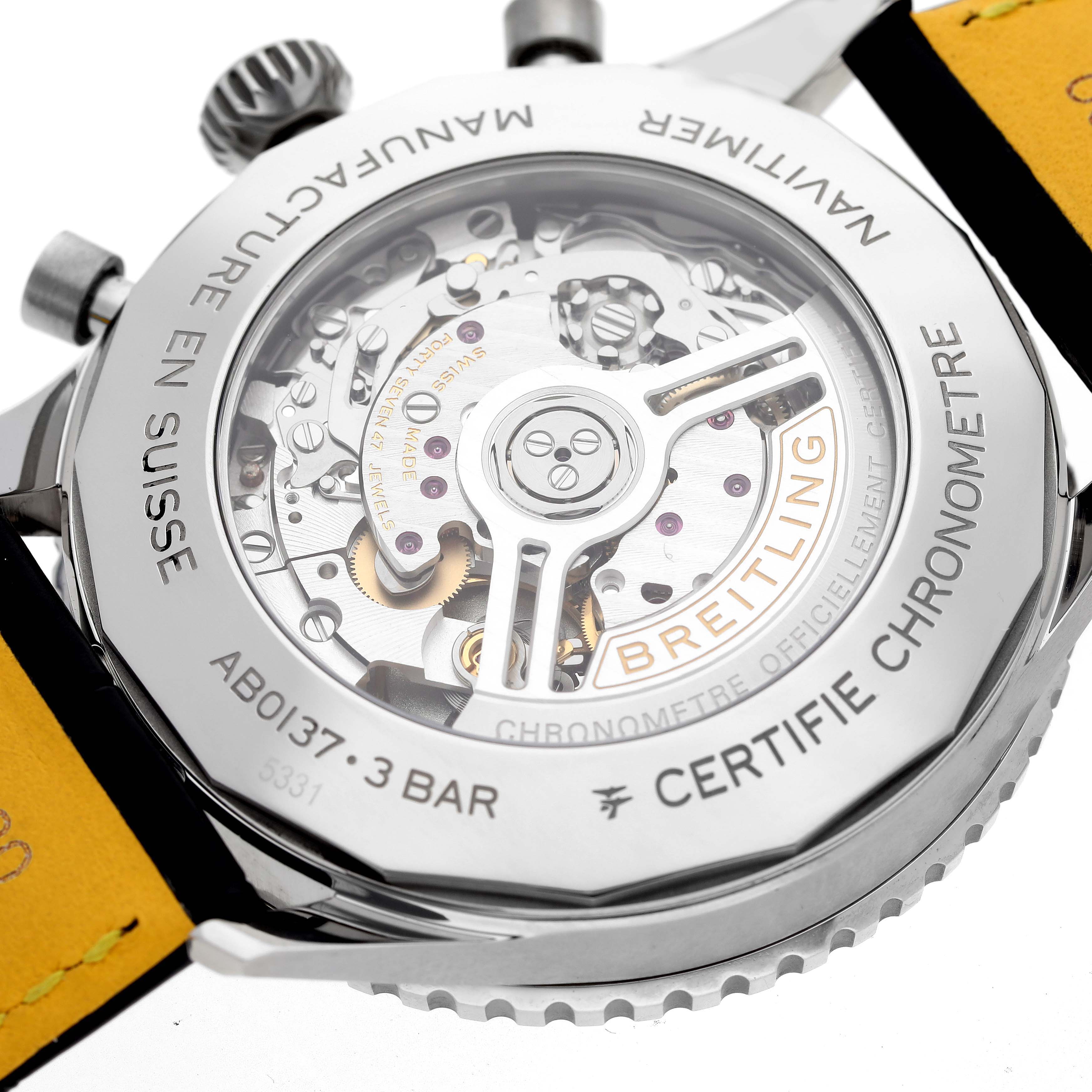 The image shows the back view of a Breitling Navitimer AB0137 Men
s Stainless Steel Black Dial AB0137 Men
s Stainless Steel Black Dial watch, highlighting its transparent case back and internal mechanism.