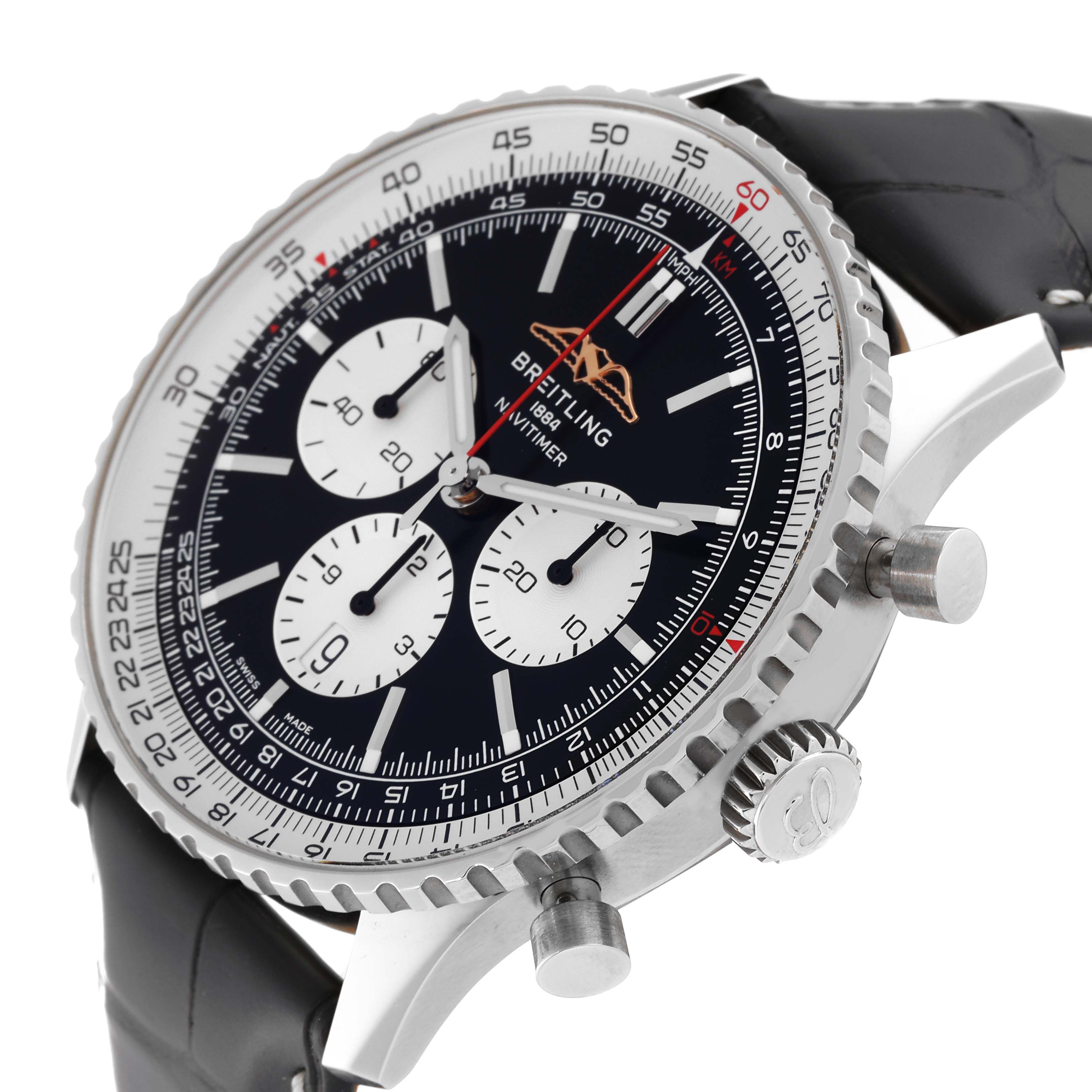 This image shows a close-up, side-angle view of a Breitling Navitimer AB0137 Men
s Stainless Steel Black Dial AB0137 Men
s Stainless Steel Black Dial, highlighting its dials, bezel, crown, and pushers.