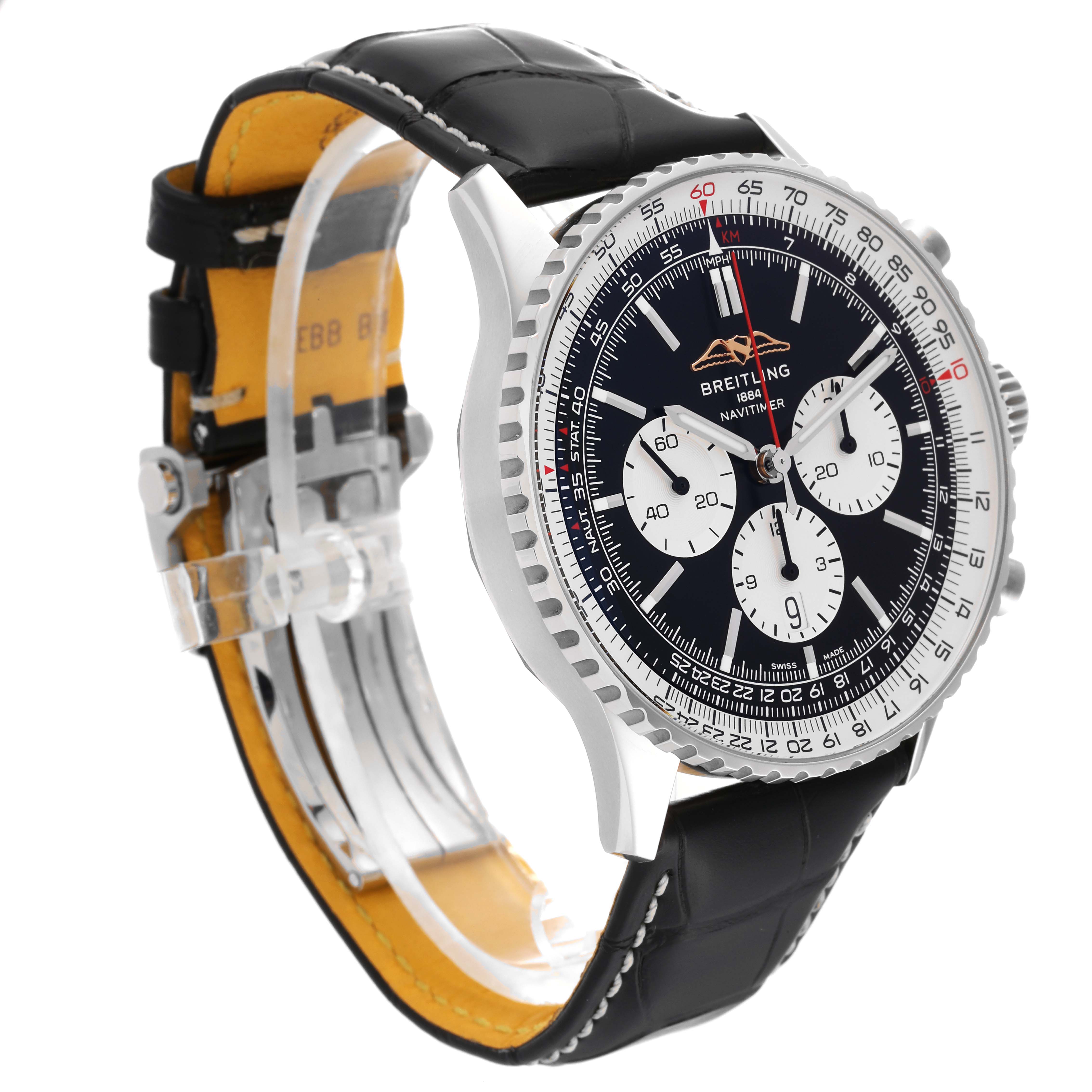 The watch is a Breitling Navitimer AB0137 Men
s Stainless Steel Black Dial AB0137 Men
s Stainless Steel Black Dial, shown at a three-quarter angle displaying its black dial, bezel, and leather strap with clasp.