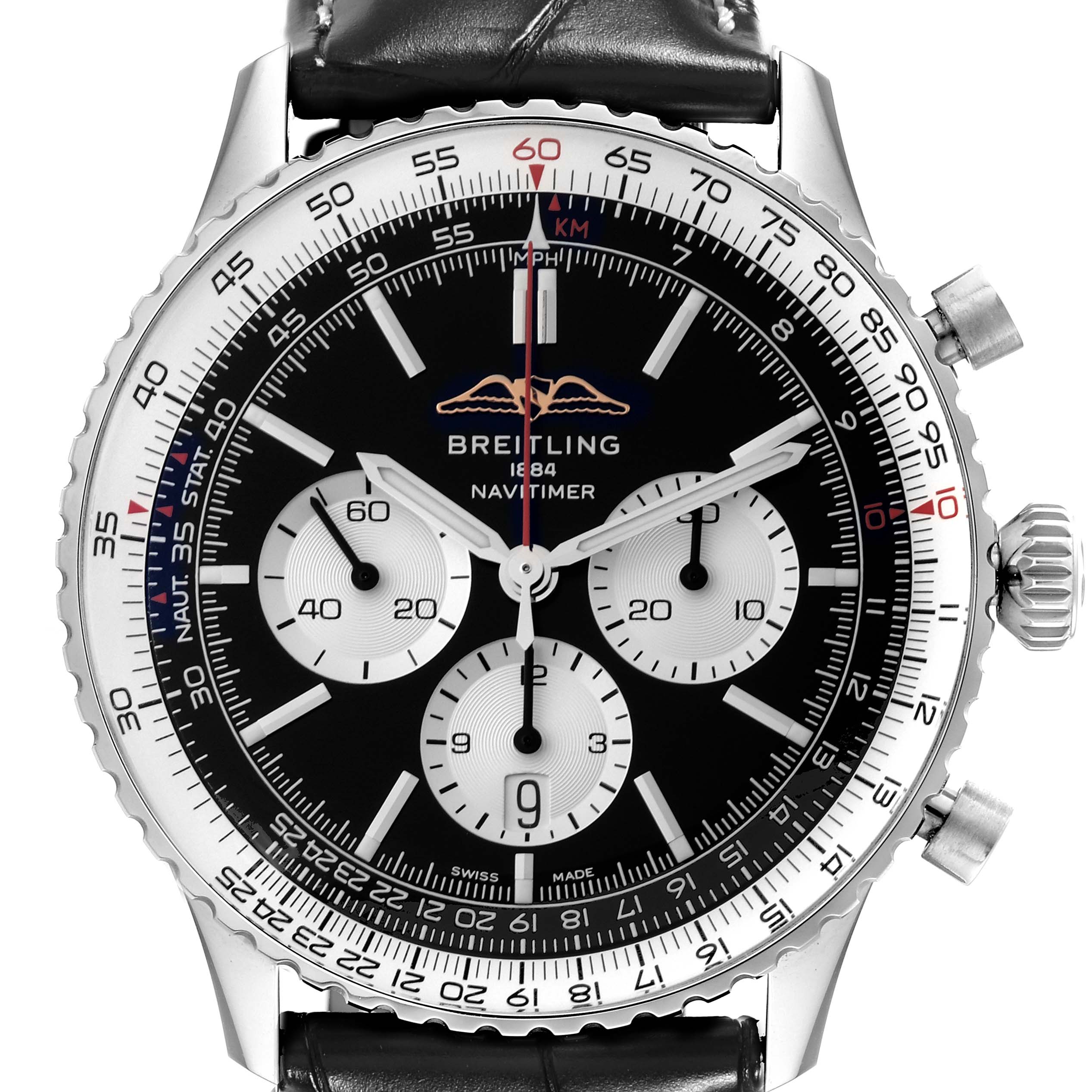 The image shows a front view of a Breitling Navitimer AB0137 Men
s Stainless Steel Black Dial AB0137 Men
s Stainless Steel Black Dial watch with visible dials, crown, and bezel.