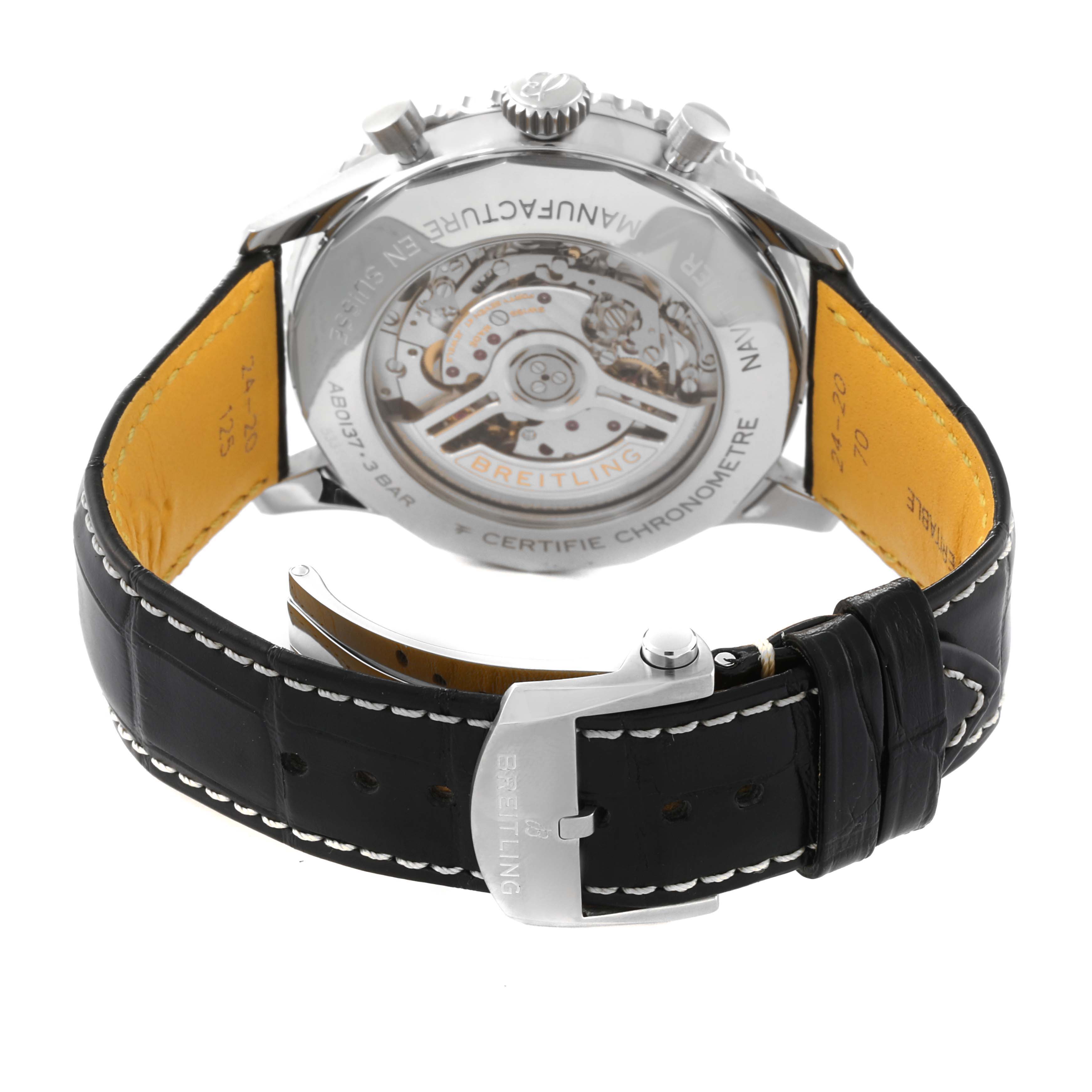 The image shows the rear angle of the Breitling Navitimer AB0137 Men
s Stainless Steel Black Dial AB0137 Men
s Stainless Steel Black Dial watch, highlighting its transparent case back and leather strap.