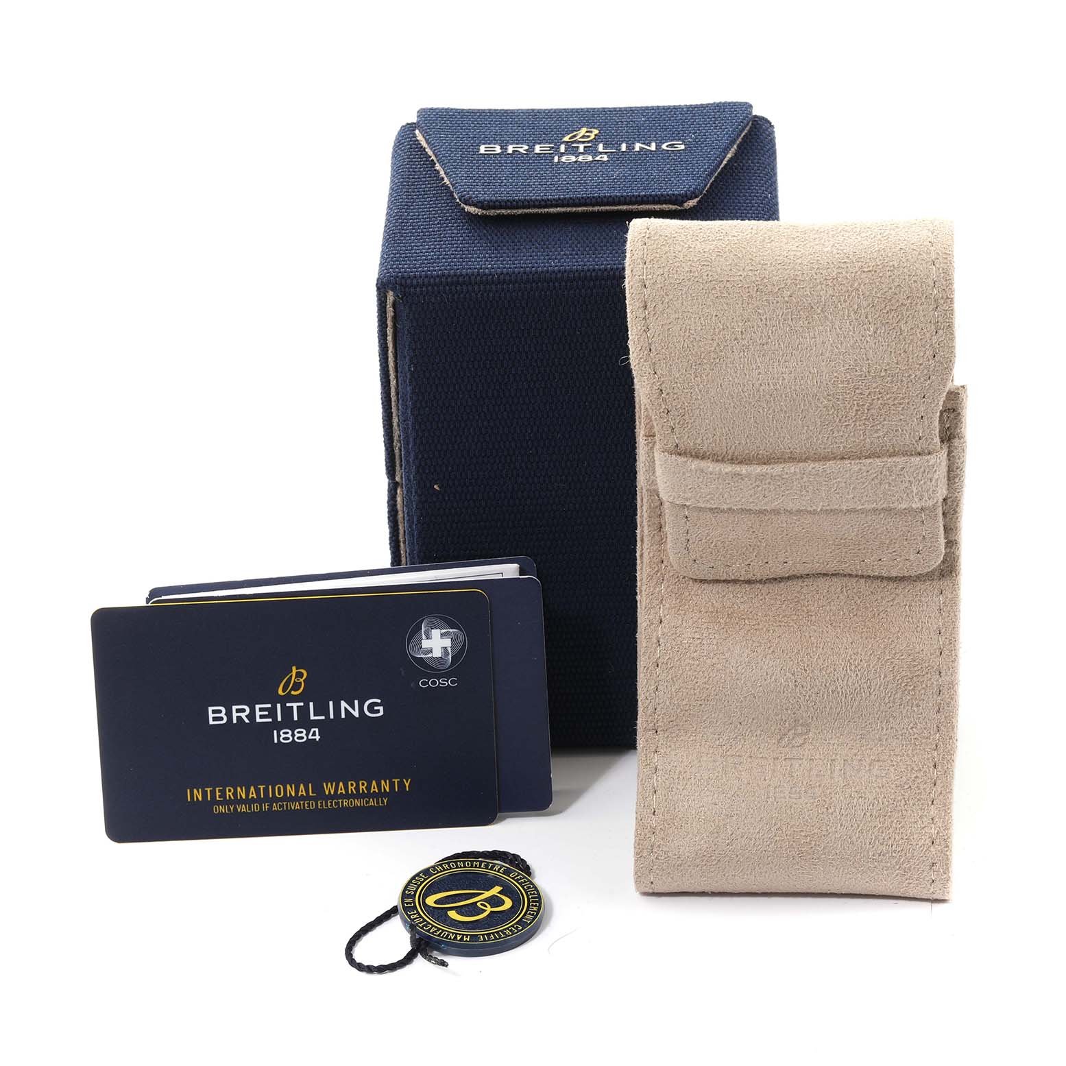 The image shows a Breitling Navitimer AB0137 Men
s Stainless Steel Black Dial AB0137 Men
s Stainless Steel Black Dial box, warranty card, certificate, protective pouch, and a hang tag.