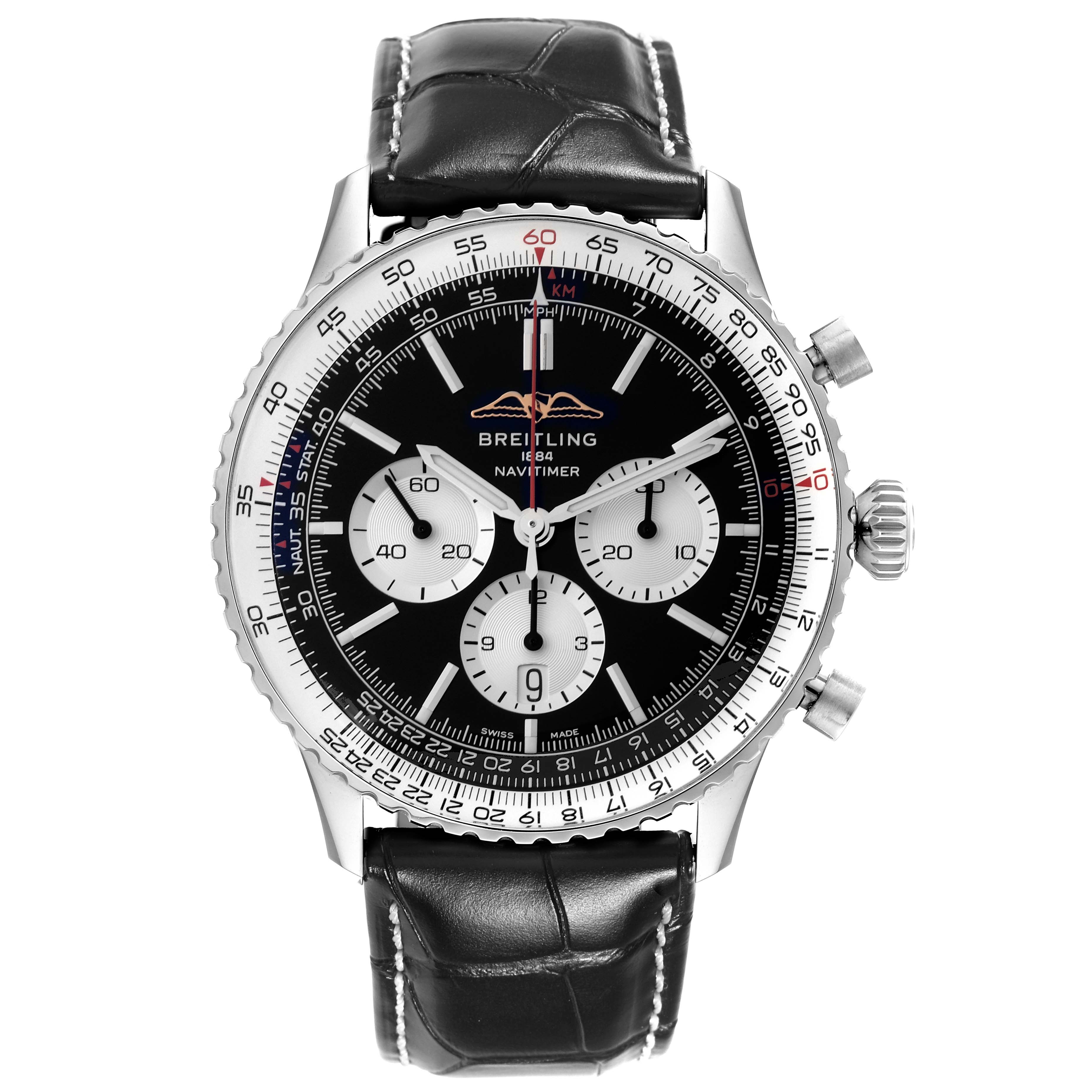 This image shows a front view of a Breitling Navitimer AB0137 Men
s Stainless Steel Black Dial AB0137 Men
s Stainless Steel Black Dial watch with a black leather strap and a detailed dial.