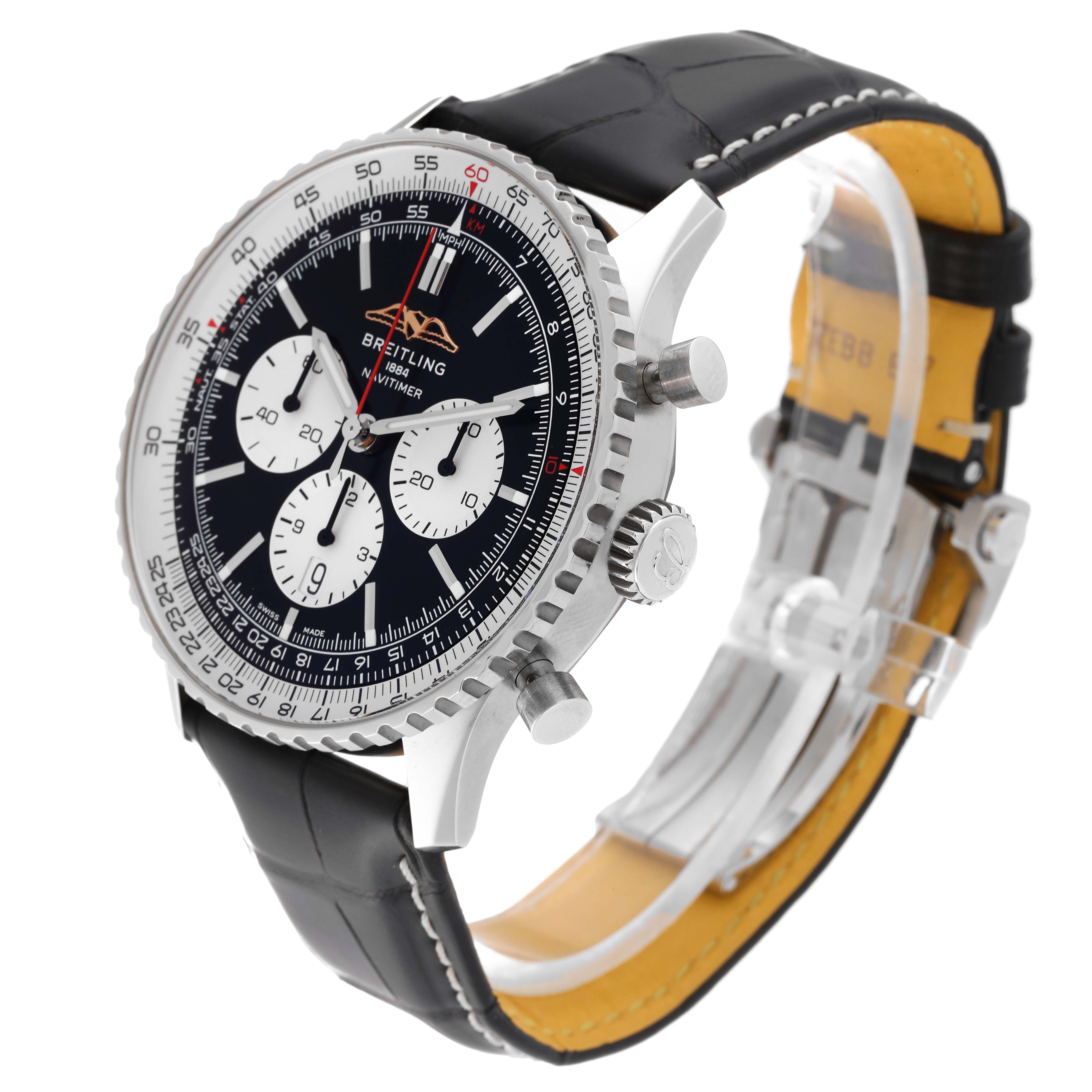 This image shows a Breitling Navitimer AB0137 Men
s Stainless Steel Black Dial AB0137 Men
s Stainless Steel Black Dial watch at a three-quarter angle, highlighting its dial, bezel, crown, and leather strap.