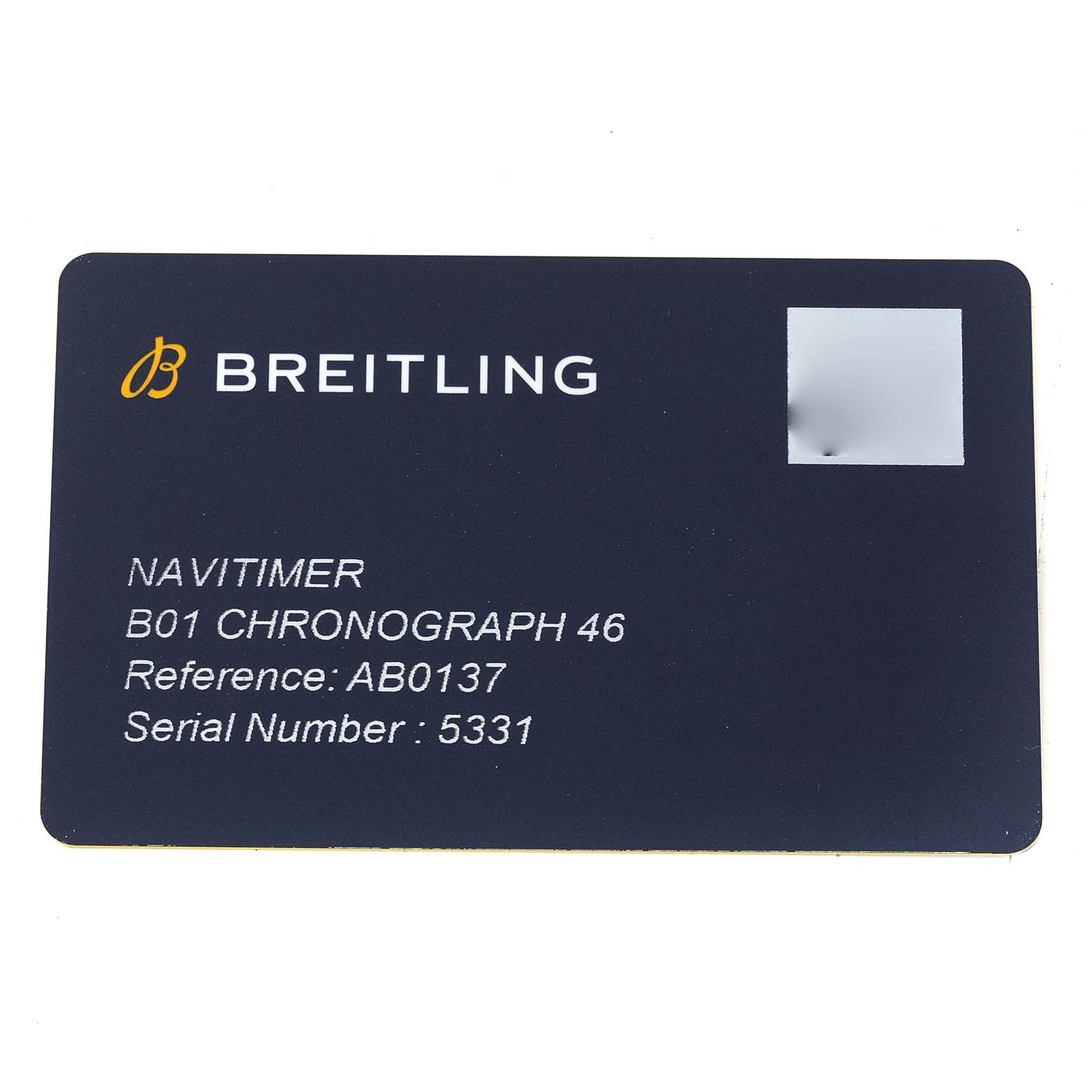 This image shows the identification card for a Breitling Navitimer AB0137 Men
s Stainless Steel Black Dial AB0137 Men
s Stainless Steel Black Dial B01 Chronograph 46, detailing its reference and serial number.