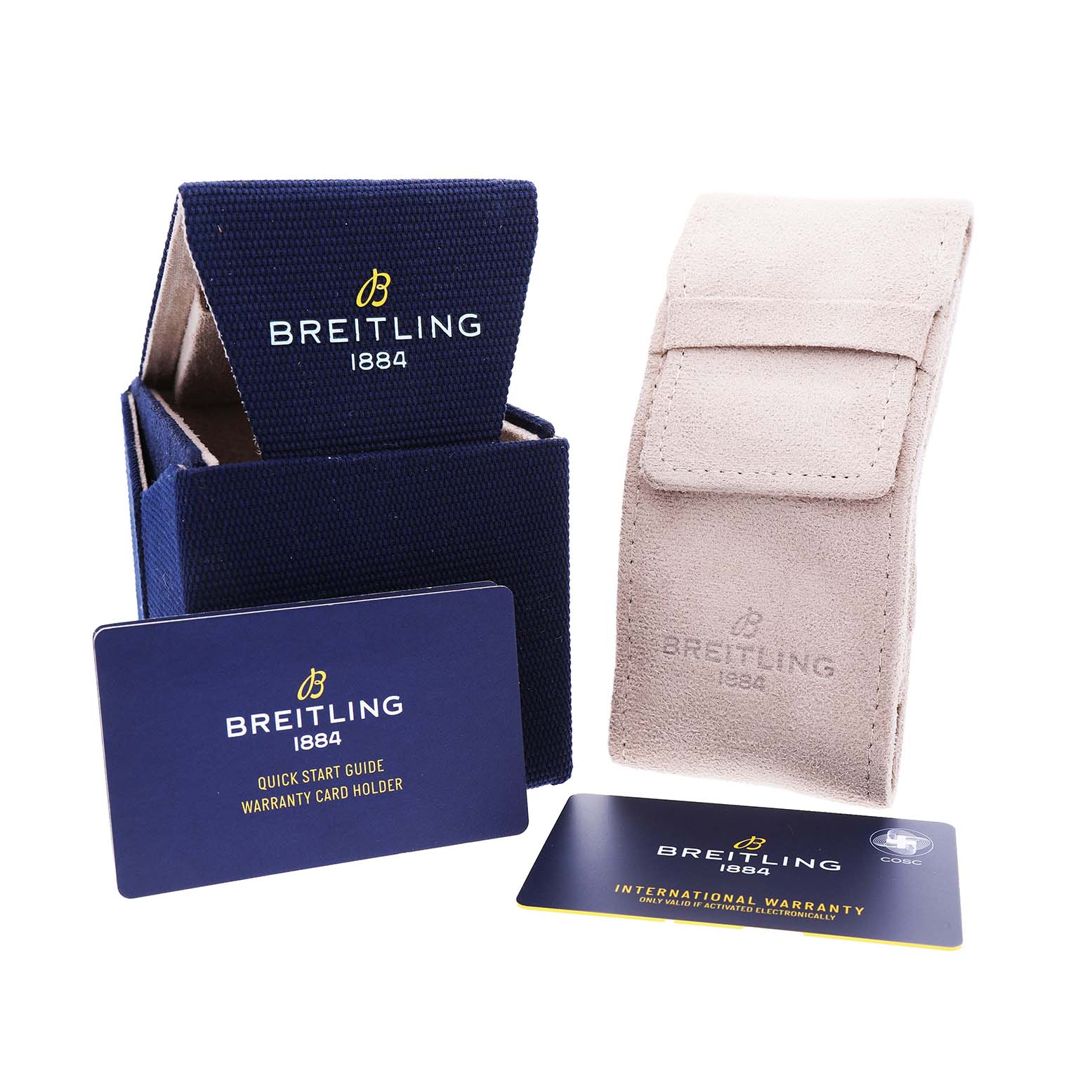 The image shows Breitling Navitimer AB0139 Men's Stainless Steel Silver Dial packaging, including a box, a card holder, a travel pouch, and warranty cards.