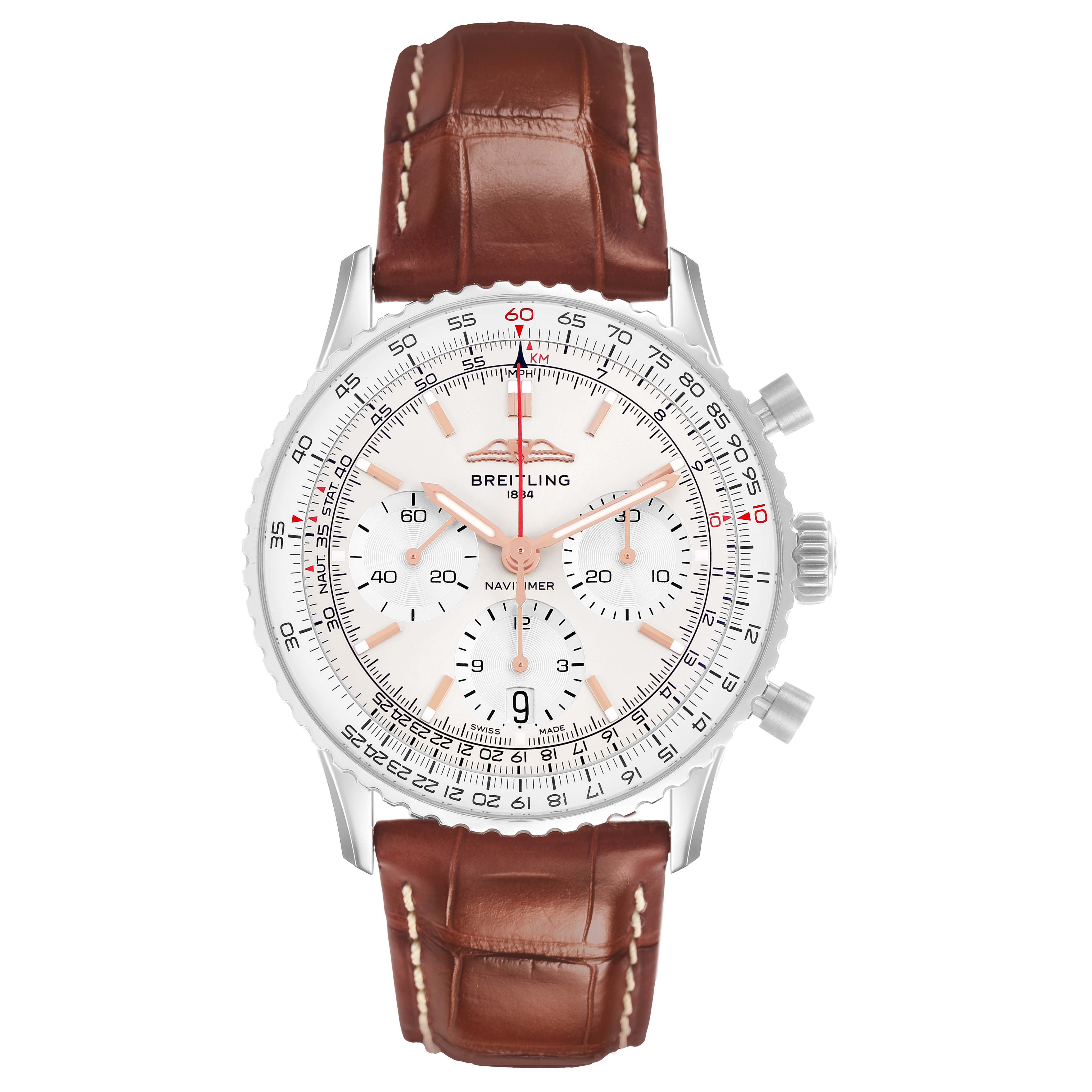 The Breitling Navitimer AB0139 Men's Stainless Steel Silver Dial watch is shown from the front, highlighting the dial, bezel, and brown leather strap.