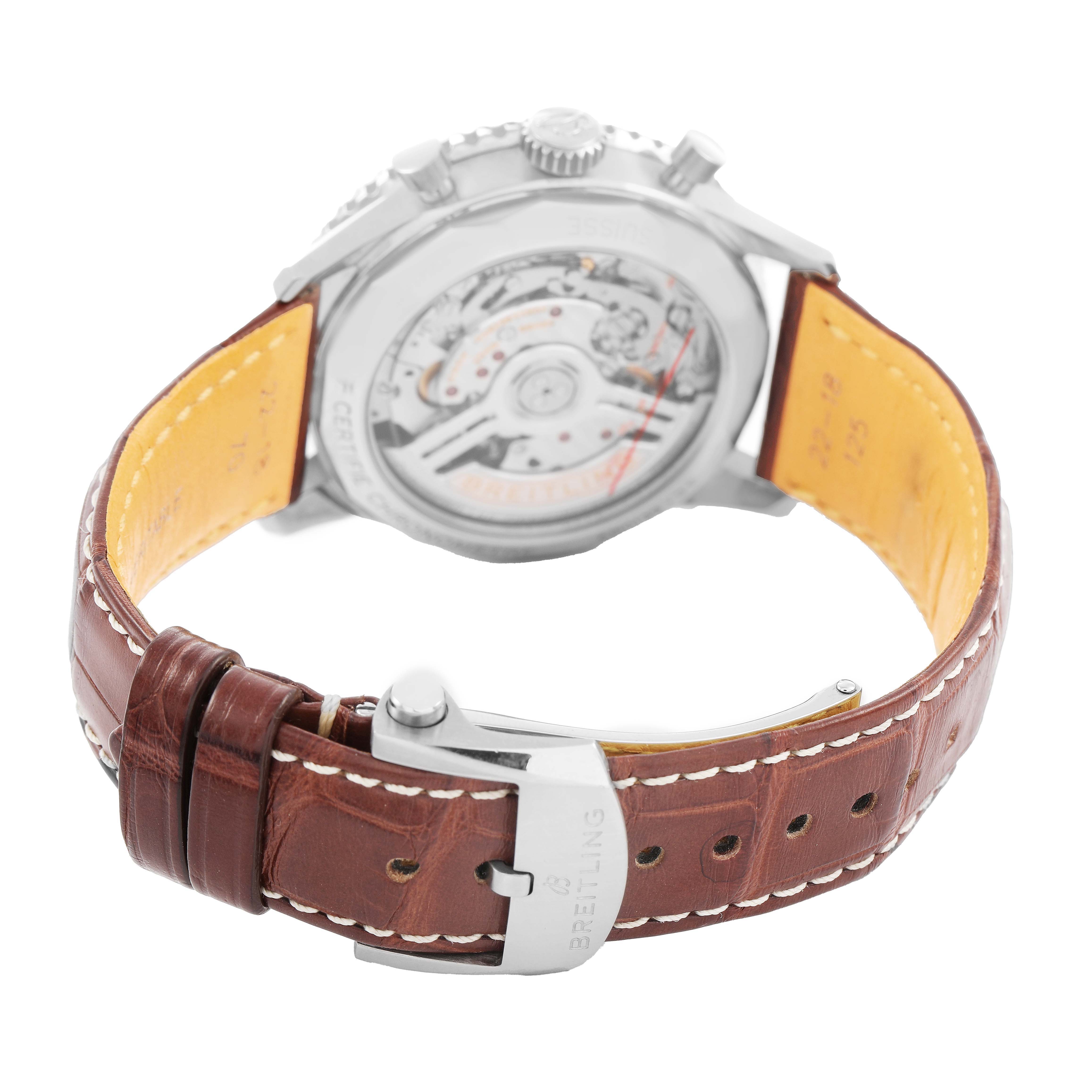 The image shows the back view of a Breitling Navitimer AB0139 Men's Stainless Steel Silver Dial watch, highlighting its open case back and leather strap with a buckle.