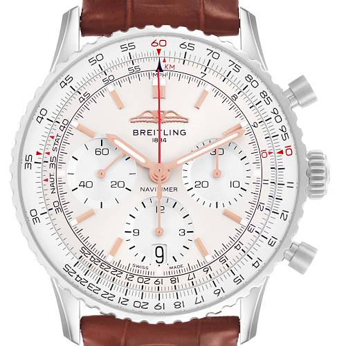 The Breitling Navitimer AB0139 Men's Stainless Steel Silver Dial watch is shown from a front angle, featuring its dial, subdials, and part of the leather strap.