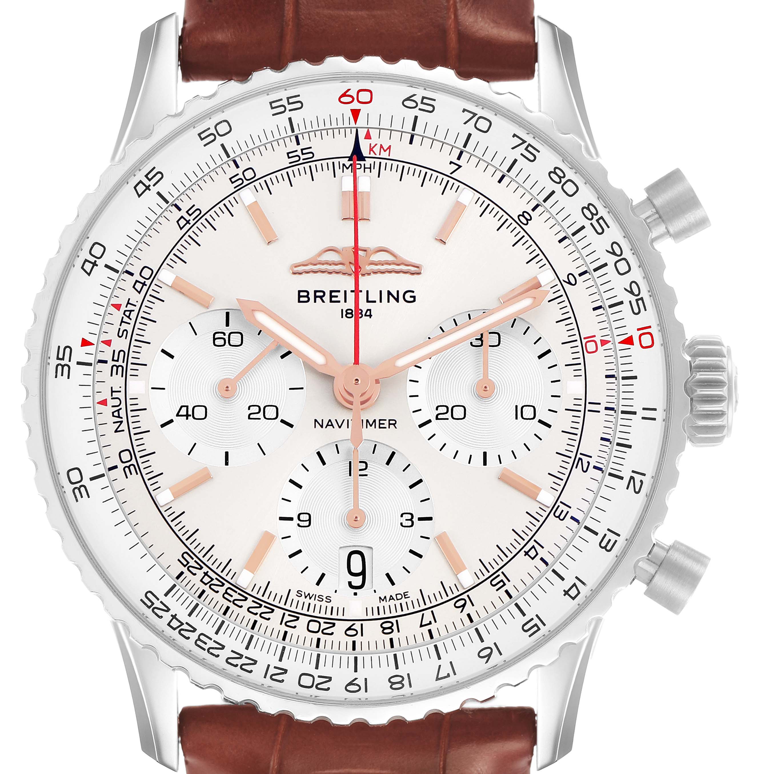 The Breitling Navitimer AB0139 Men's Stainless Steel Silver Dial model is shown from a front angle, highlighting the dial, chronograph subdials, bezel, and crown.