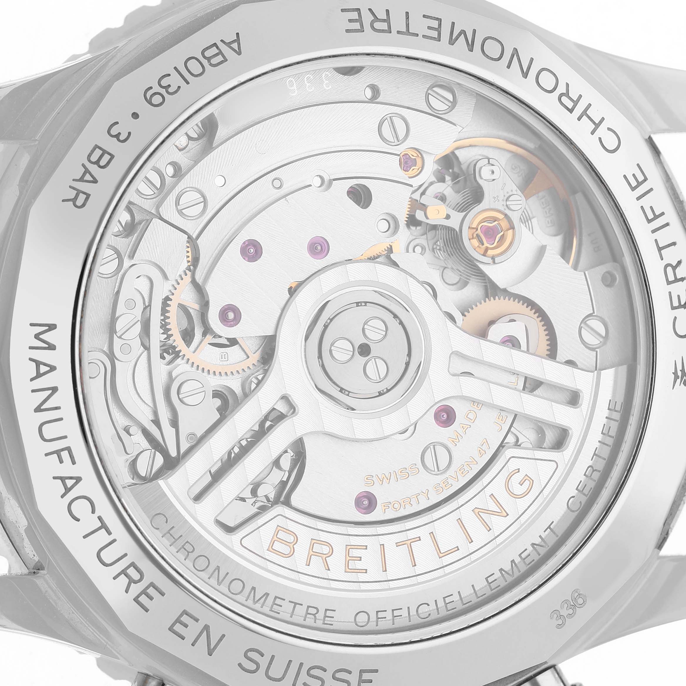The image shows the back view of a Breitling Navitimer AB0139 Men's Stainless Steel Silver Dial, highlighting its intricate mechanical movement.