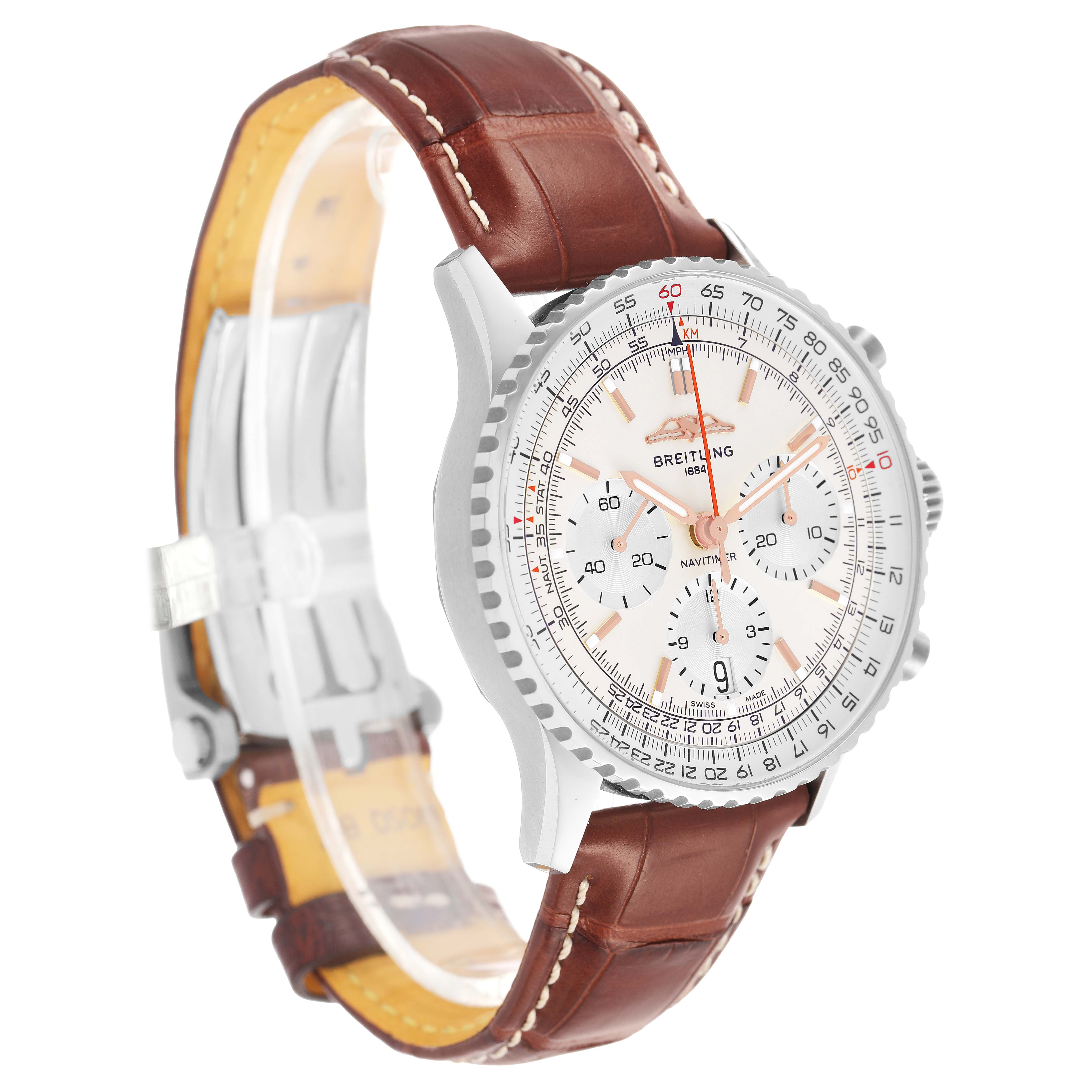 The Breitling Navitimer AB0139 Men's Stainless Steel Silver Dial is shown at a slight side angle, highlighting the watch face, bezel, and brown leather strap.