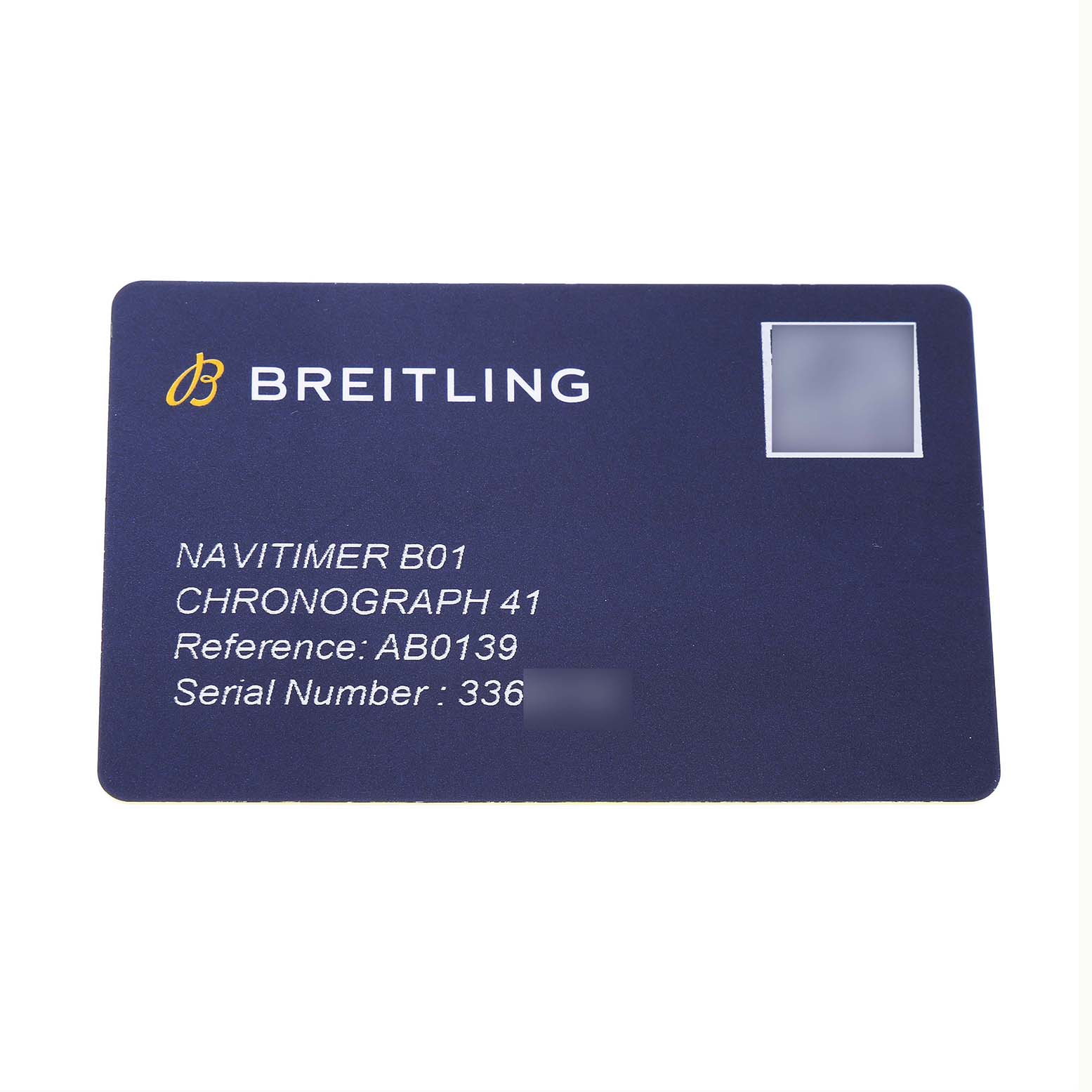 The image shows a Breitling Navitimer AB0139 Men's Stainless Steel Silver Dial B01 Chronograph 41 card with reference and serial numbers.