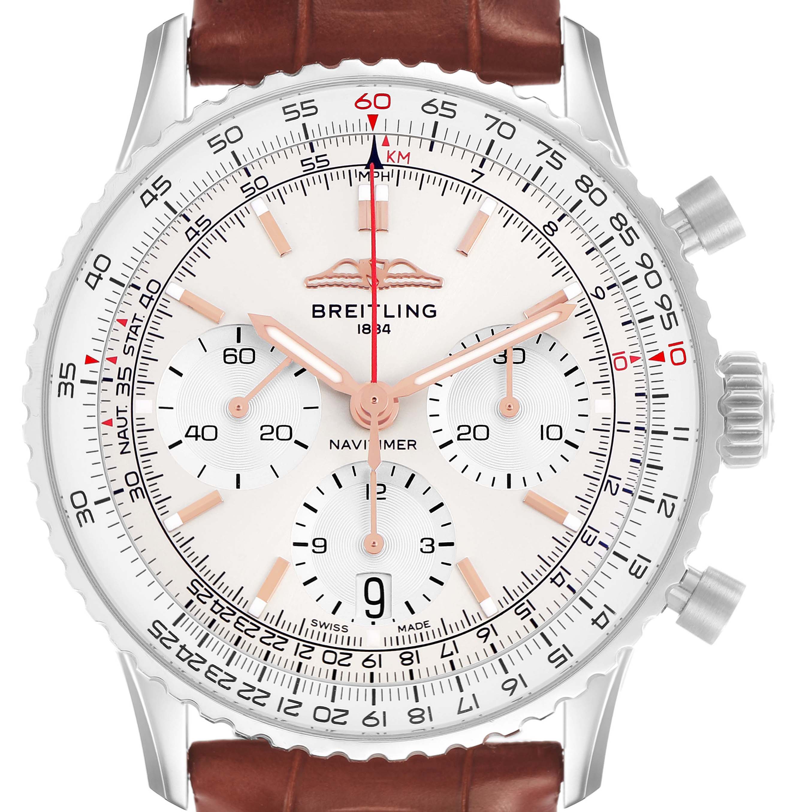 The Breitling Navitimer AB0139 Men's Stainless Steel Silver Dial watch is shown from a front angle, highlighting its dial, chronograph subdials, and bezel.