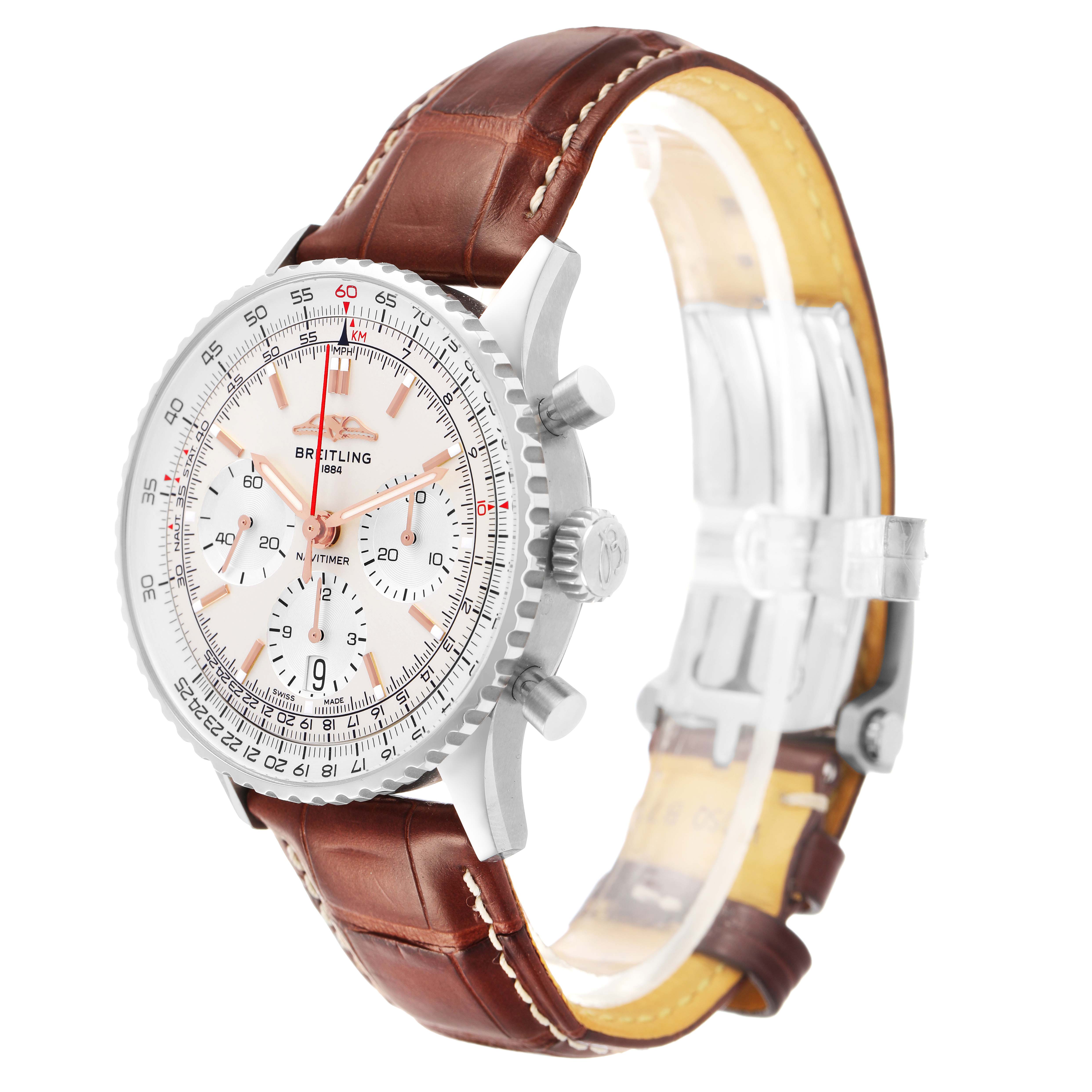 The Breitling Navitimer AB0139 Men's Stainless Steel Silver Dial watch is shown at an angled side view, highlighting the dial, bezel, crown, and leather strap.