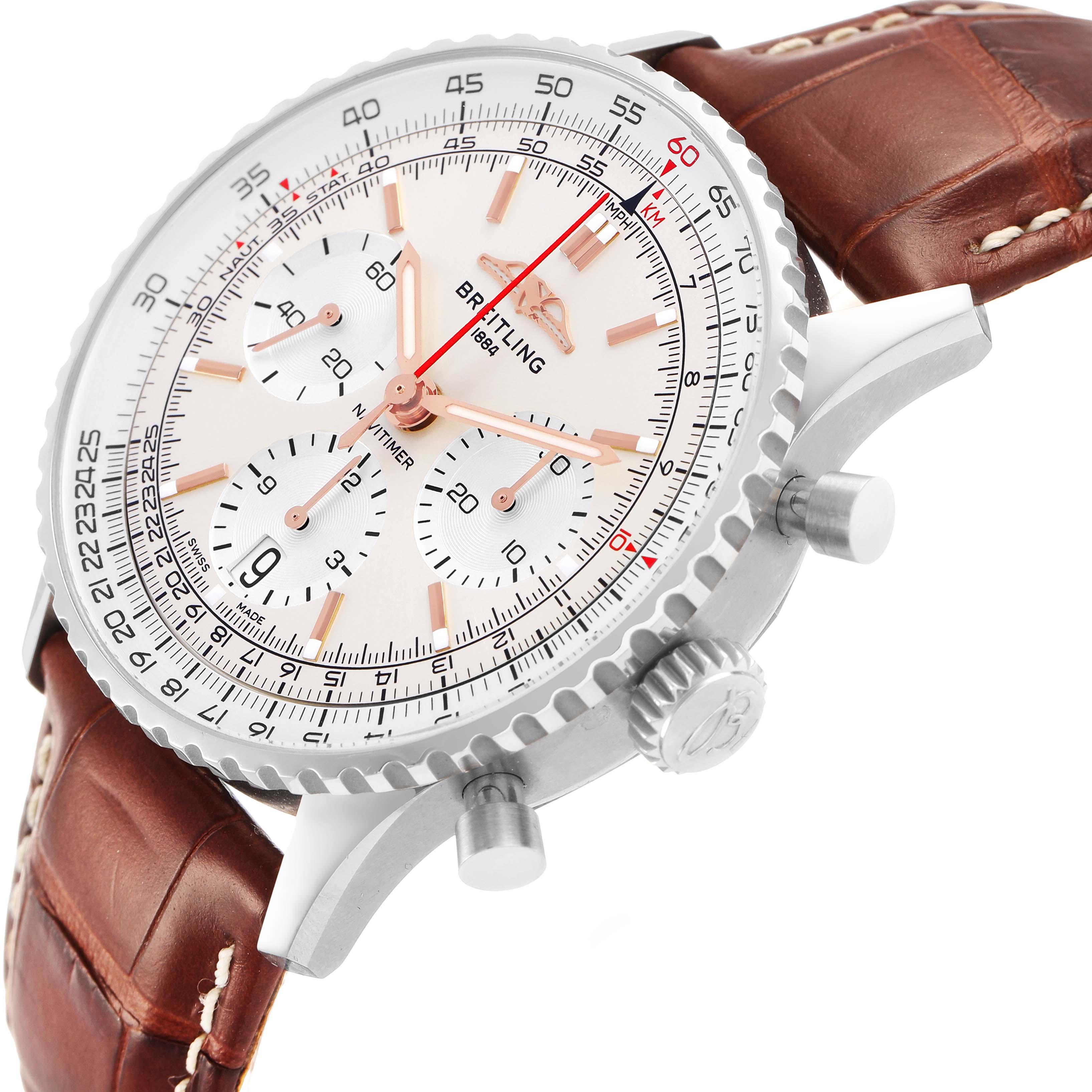 The Breitling Navitimer AB0139 Men's Stainless Steel Silver Dial watch is shown at an angled side view, highlighting the dial, bezel, pushers, crown, and leather strap.