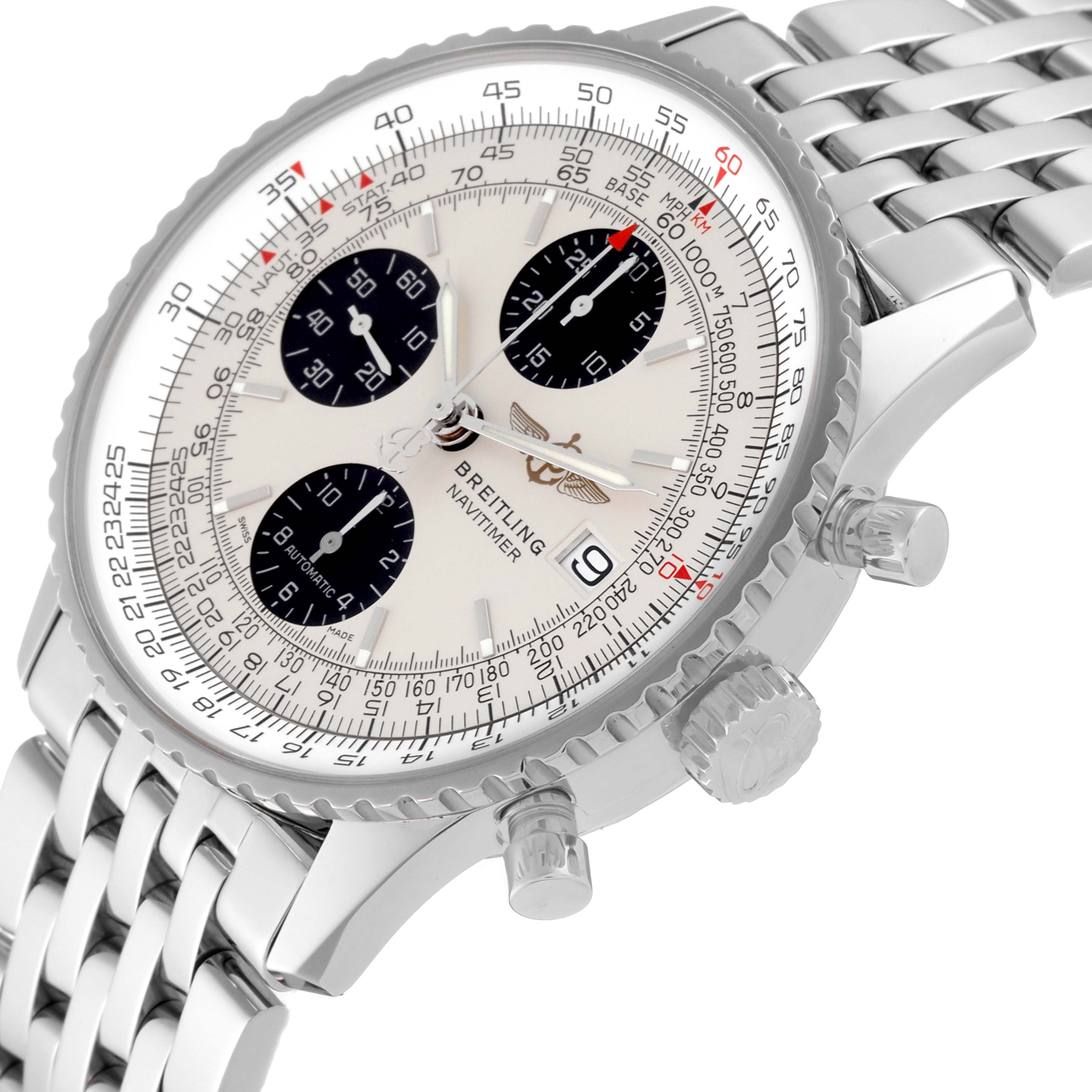 The image shows a close-up of the Breitling Navitimer A13324 Men's Stainless Steel Silver Dial A13324 Men's Stainless Steel Silver Dial watch case, dial, bezel, crown, pushers, and bracelet from a three-quarter angle.