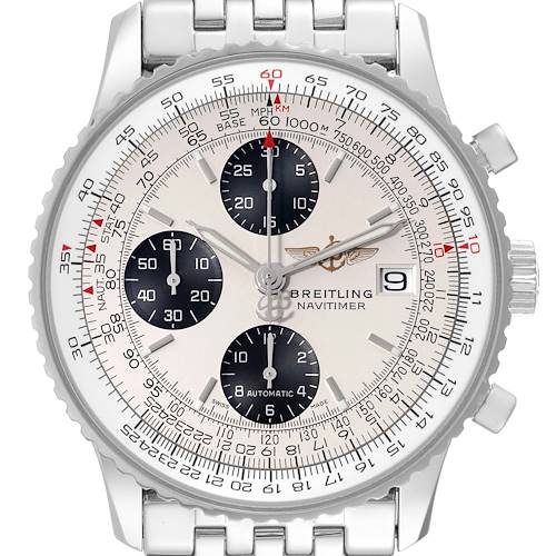 The Breitling Navitimer watch is shown from the front, displaying the dial, chronograph subdials, bezel, and part of the bracelet.