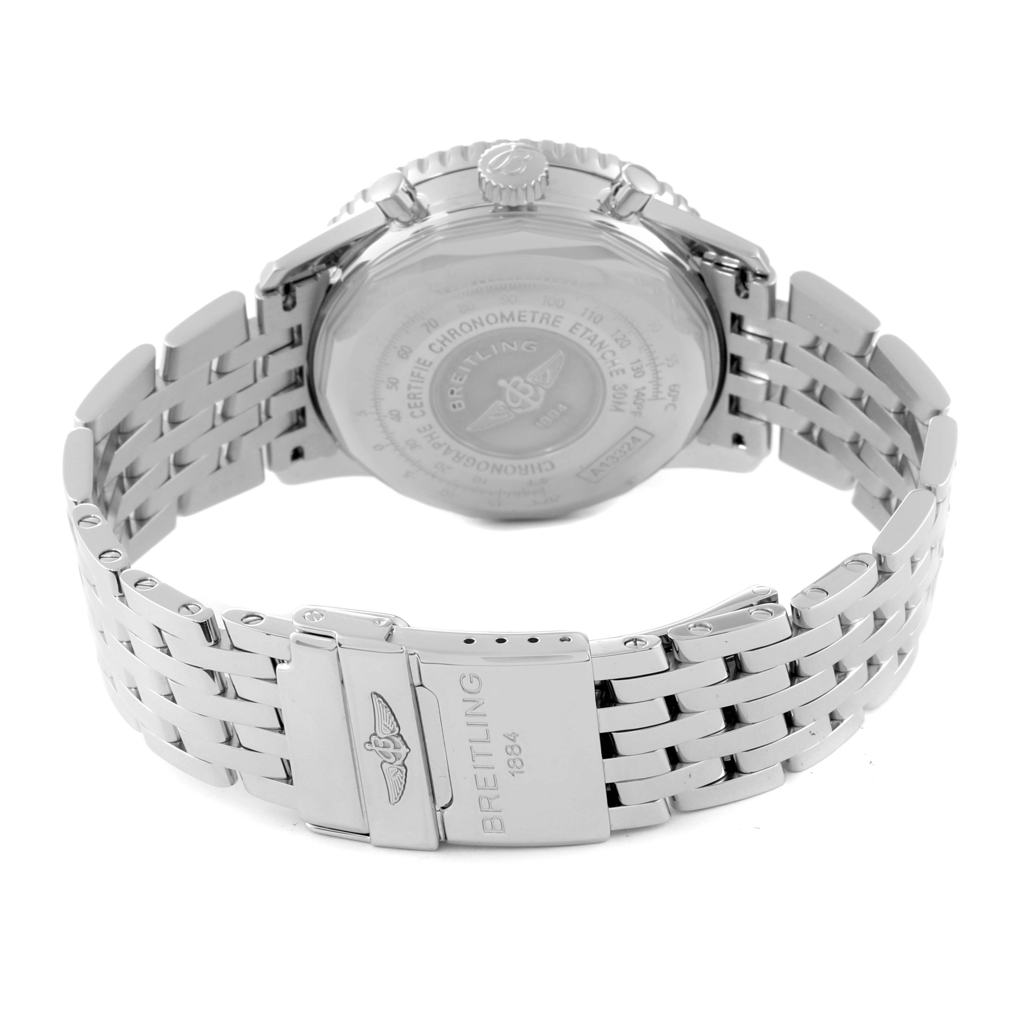 The image shows the back case and stainless steel bracelet of a Breitling Navitimer A13324 Men's Stainless Steel Silver Dial A13324 Men's Stainless Steel Silver Dial watch.