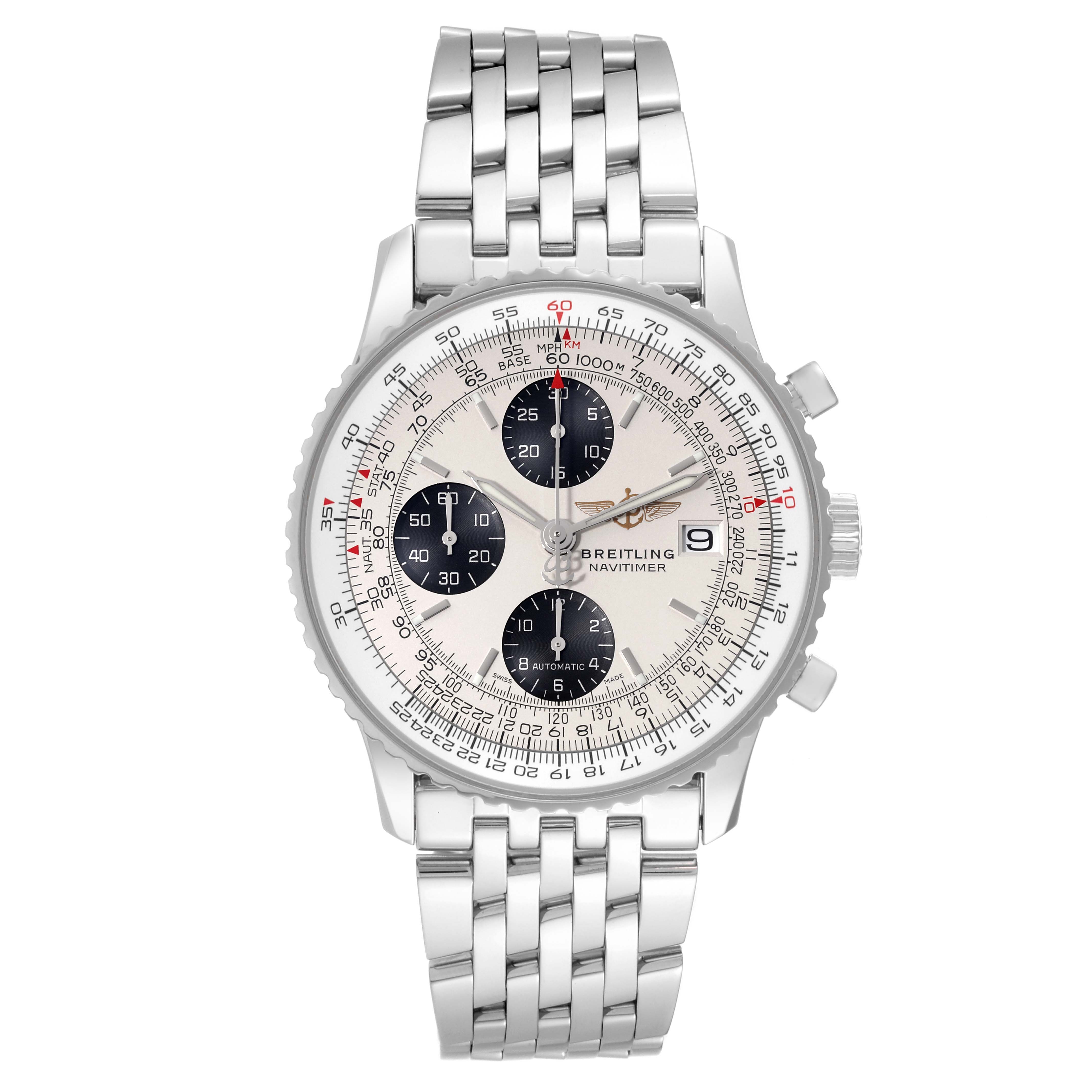 This image shows a front view of the Breitling Navitimer A13324 Men's Stainless Steel Silver Dial A13324 Men's Stainless Steel Silver Dial watch, focusing on its dial, chronograph subdials, and metal bracelet.