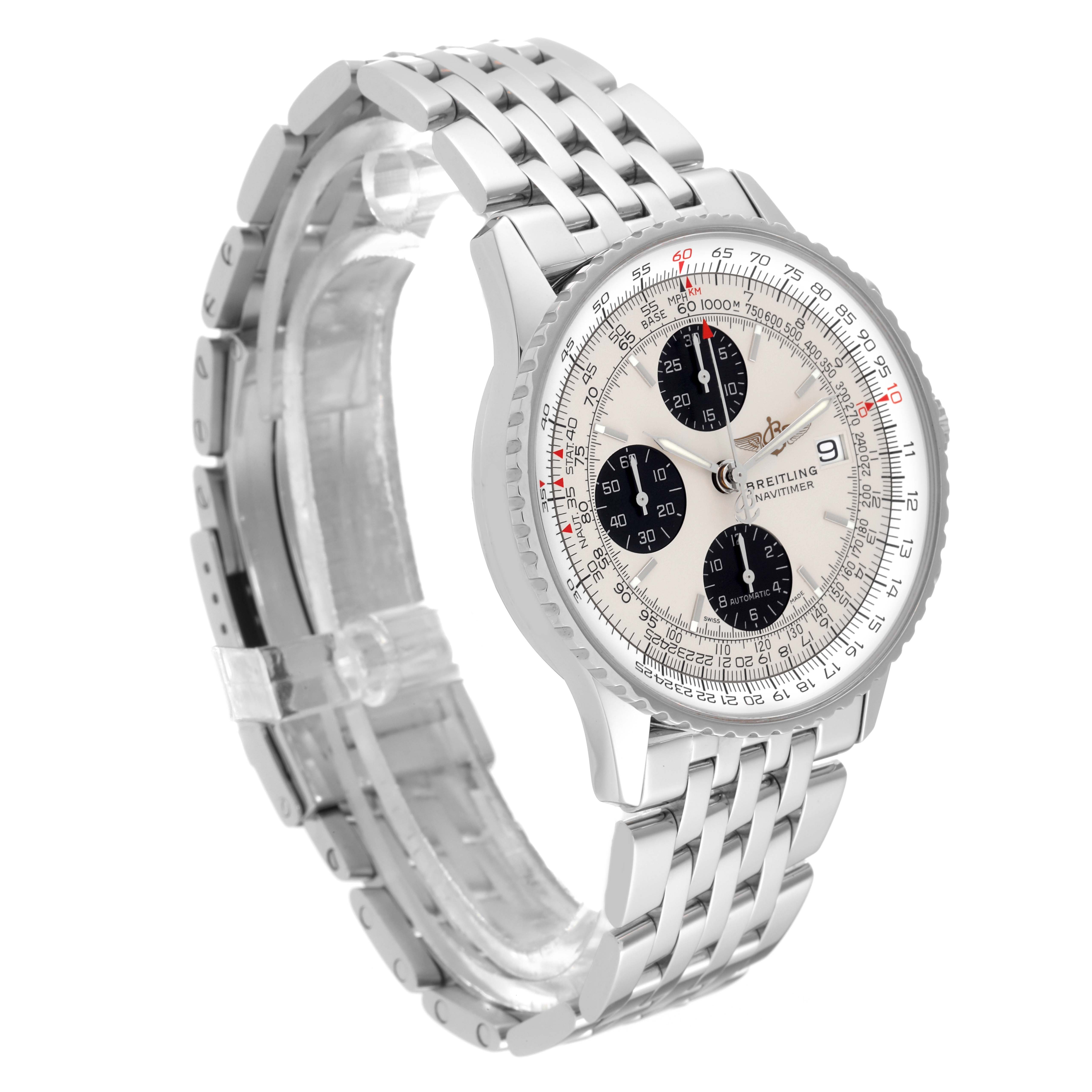 The Breitling Navitimer A13324 Men's Stainless Steel Silver Dial A13324 Men's Stainless Steel Silver Dial watch is shown at a slight angle, highlighting its dial, bezel, and bracelet.