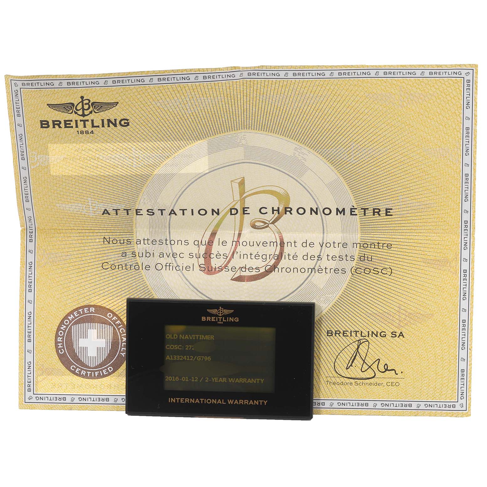 The image shows the certification and warranty card for the Breitling Navitimer A13324 Men's Stainless Steel Silver Dial A13324 Men's Stainless Steel Silver Dial model.