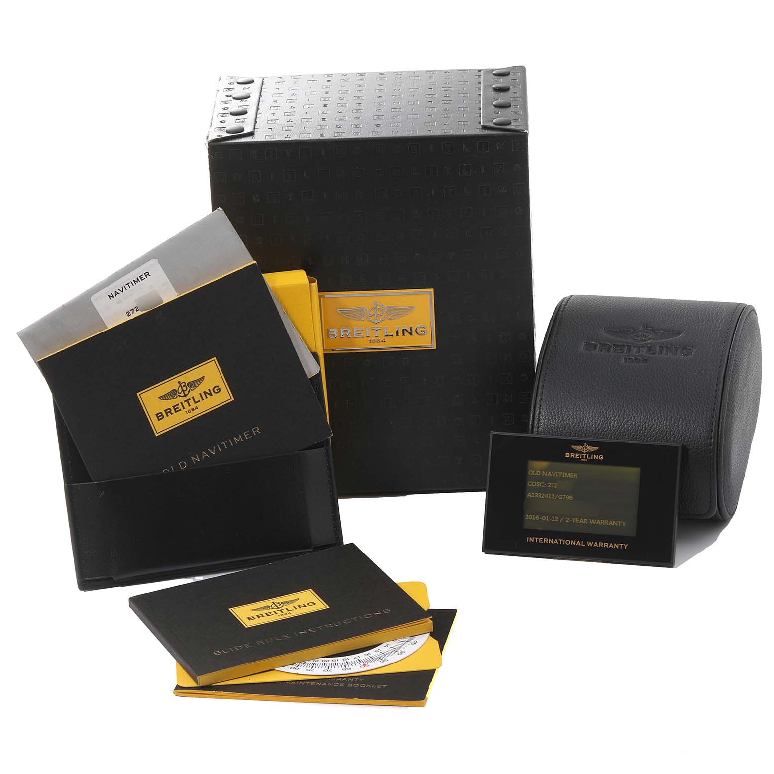 This image shows the packaging, warranty card, instruction manuals, and a travel case for the Breitling Navitimer A13324 Men's Stainless Steel Silver Dial A13324 Men's Stainless Steel Silver Dial watch.