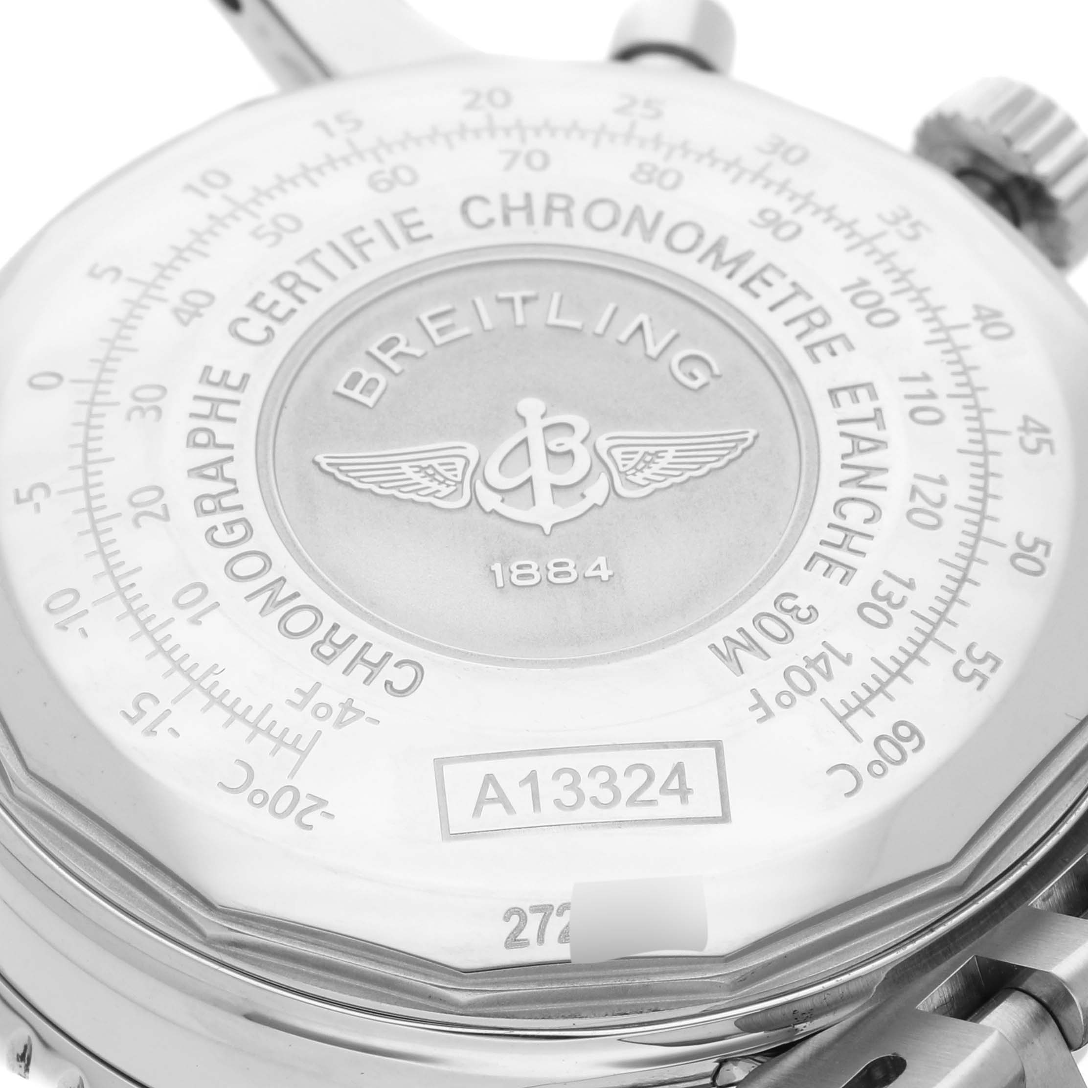 The image shows the back case of a Breitling Navitimer A13324 Men's Stainless Steel Silver Dial A13324 Men's Stainless Steel Silver Dial watch, featuring the branding, model number, and Chronometer Certification.