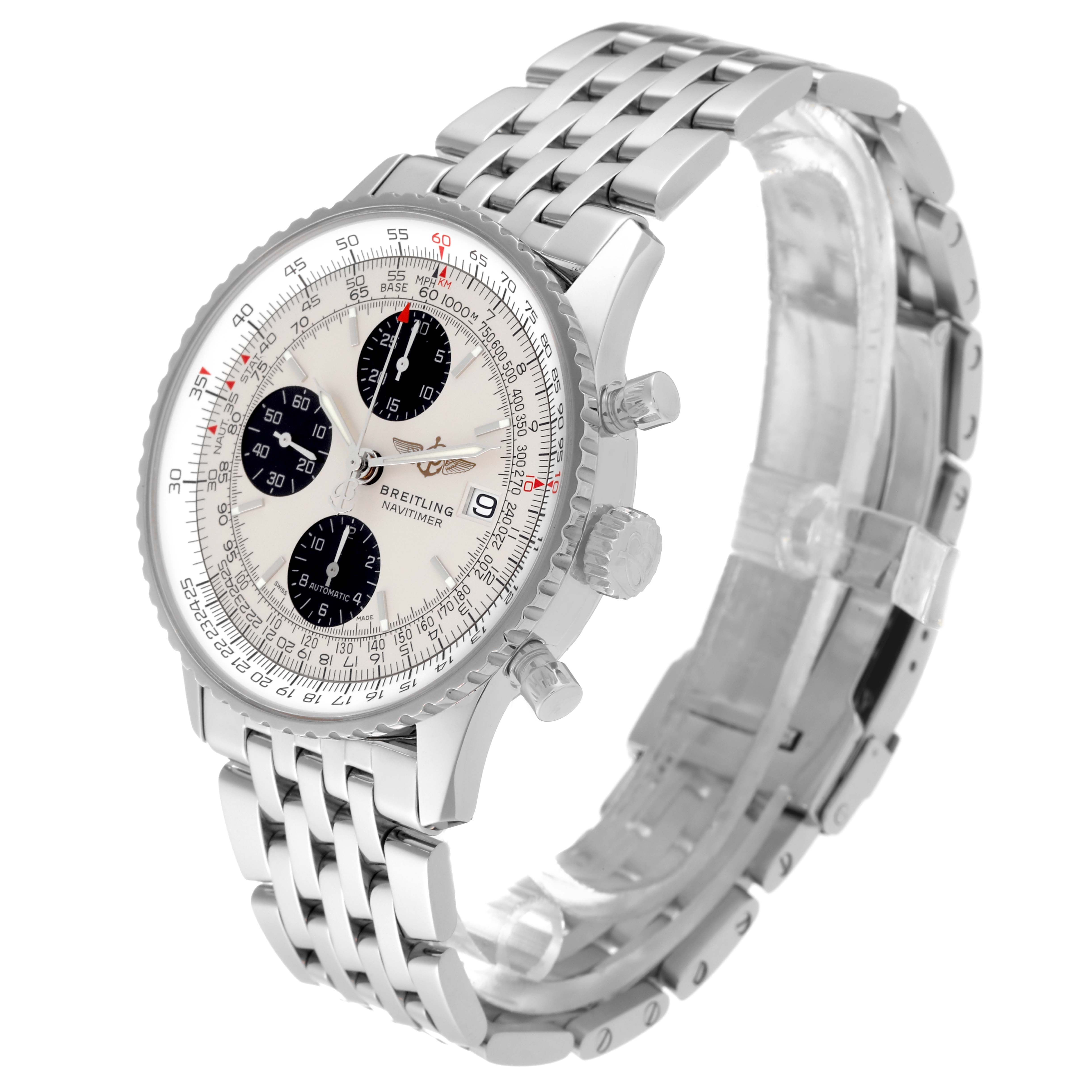 The Breitling Navitimer A13324 Men's Stainless Steel Silver Dial A13324 Men's Stainless Steel Silver Dial watch is shown at an angled view highlighting its face, bezel, chronograph dials, and stainless steel bracelet.