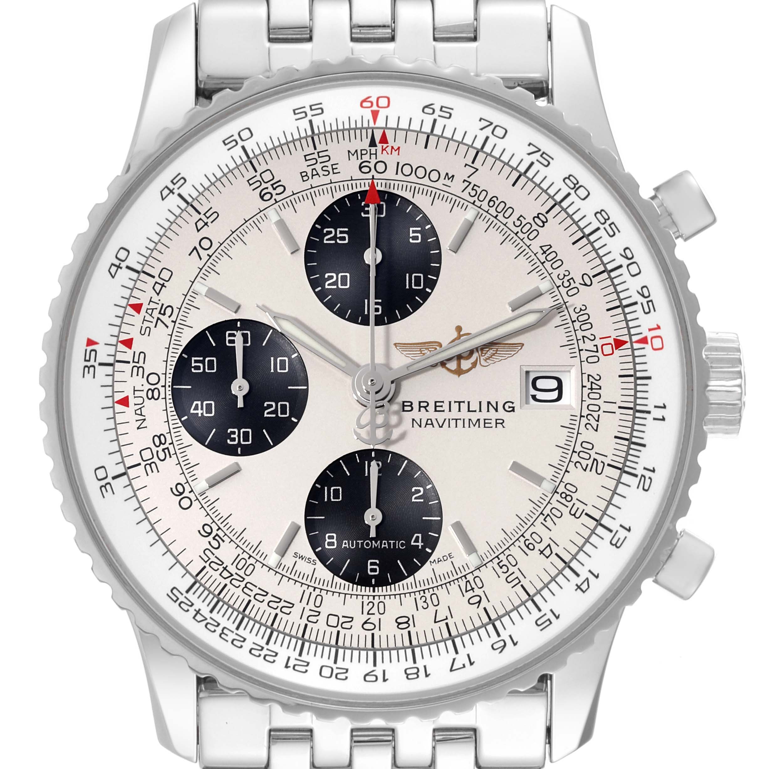 The image shows a front view of a Breitling Navitimer A13324 Men's Stainless Steel Silver Dial A13324 Men's Stainless Steel Silver Dial watch, featuring its dial, subdials, bezel, and part of the bracelet.